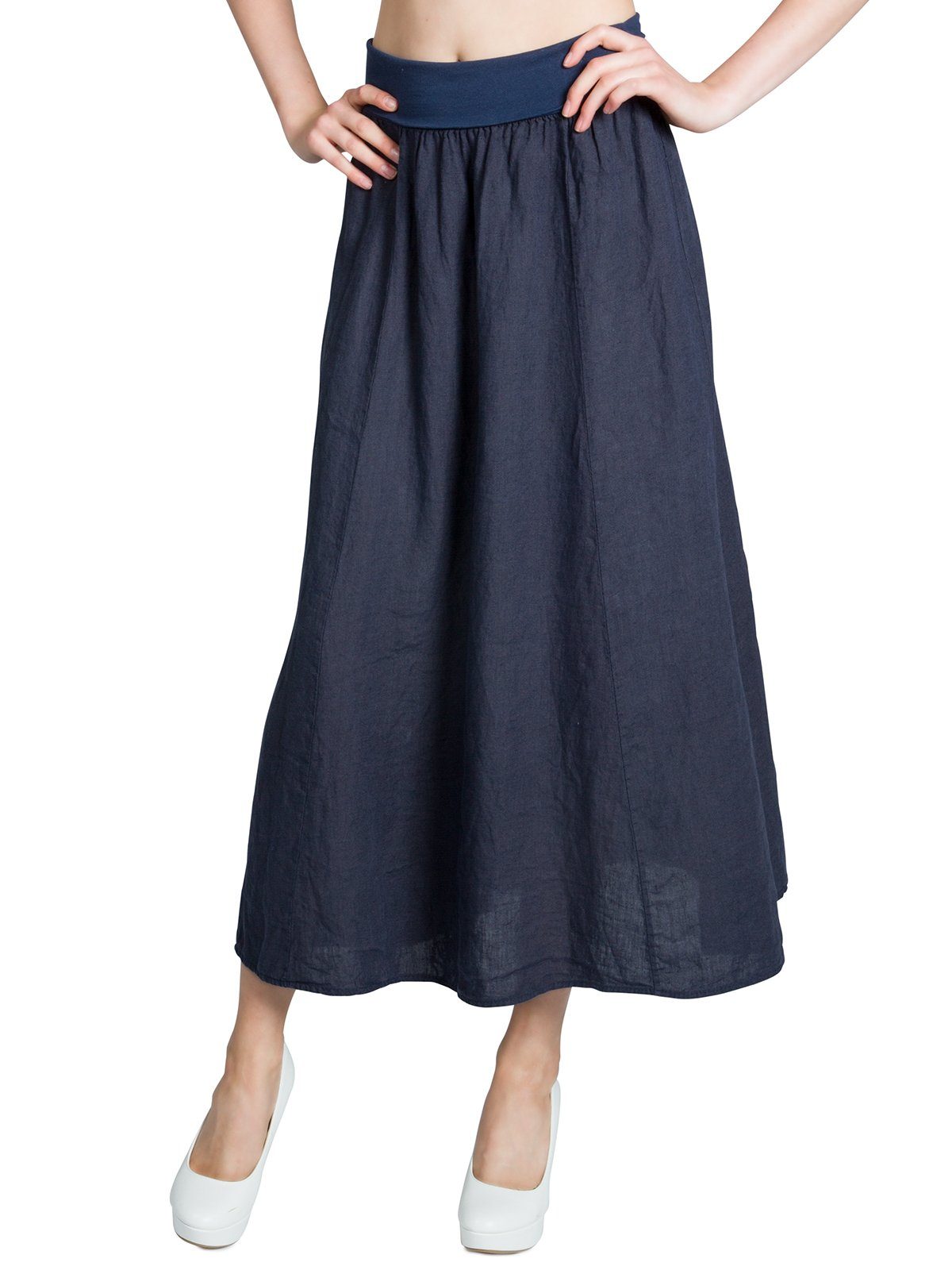 Caspar Faltenrock RO019 Damen langer Maxi Sommer Leinenrock mit figurfreundlichem Stretch Bund - Made in Italy