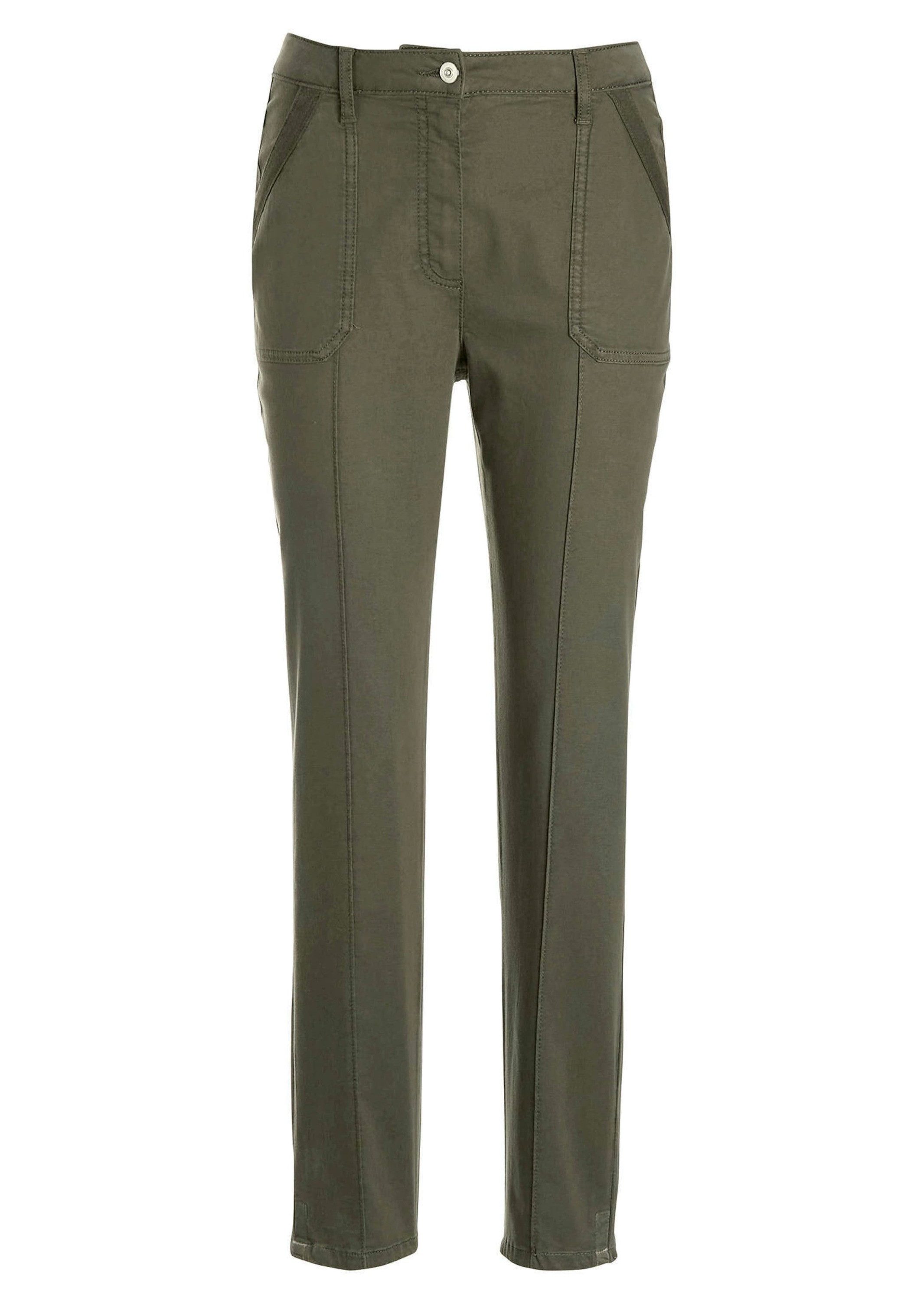 GOLDNER Stoffhose Grüne, konische Hose SARA, sportiv Knöchellang Stoffhose mit hohem Baumwollanteil, aufgesetzte Taschen