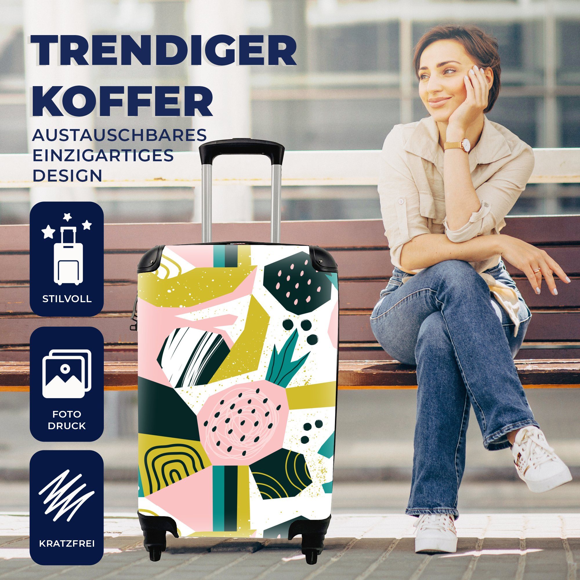 Handgepäck Muster, MuchoWow Ferien, mit Blau Handgepäckkoffer - Rollen, für rollen, Reisekoffer Rosa - 4 Reisetasche Trolley, Schwarz -