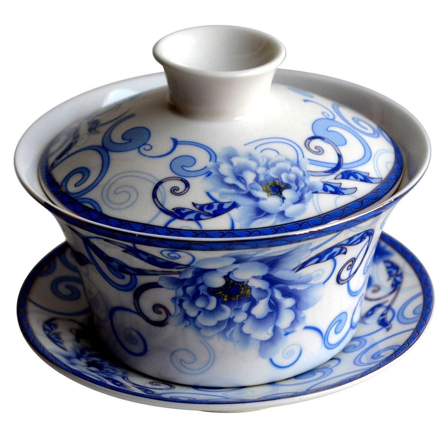 LuxusKollektion Teeschale Gaiwan Gongfu Teetasse 294ml mit Deckel blau/weiss, Keramik