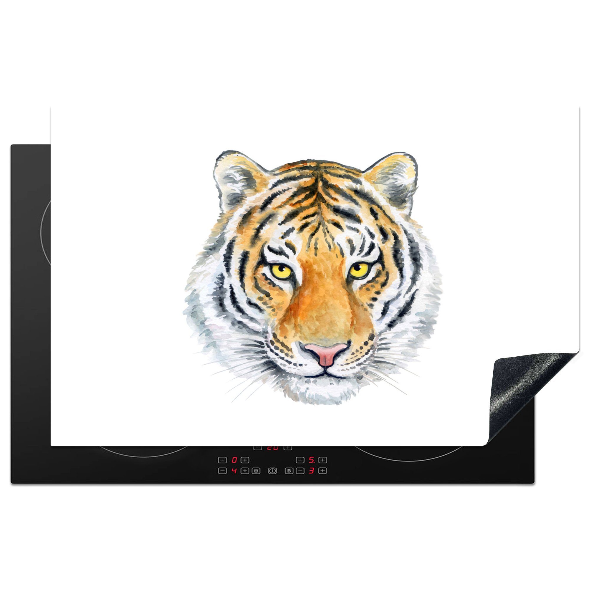 MuchoWow Herdblende-/Abdeckplatte Tiger - Kopf - Gelb, Vinyl, (1 tlg), 81x52 cm, Induktionskochfeld Schutz für die küche, Ceranfeldabdeckung