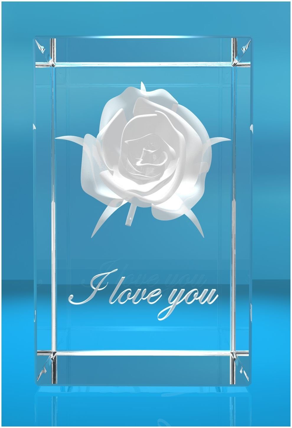 VIP-LASER Dekofigur 3D Glasquader I Rose I Text: I love You, Hochwertige Geschenkbox, Made in Germany, Familienbetrieb | Dekofiguren
