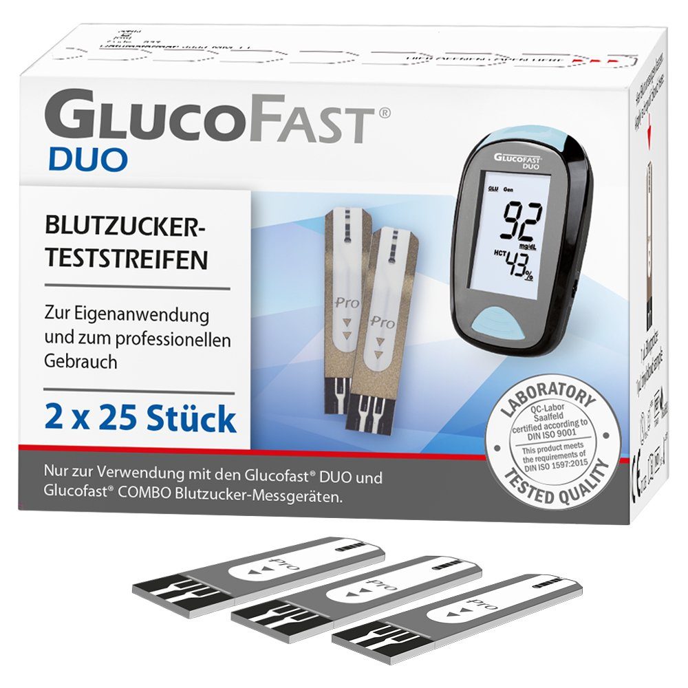 GLUCOFAST Blutzucker-Teststreifen DUO, 50 Diabetes Teststreifen, 50-tlg., Für das Glucofast DUO Blutzucker Messgerät