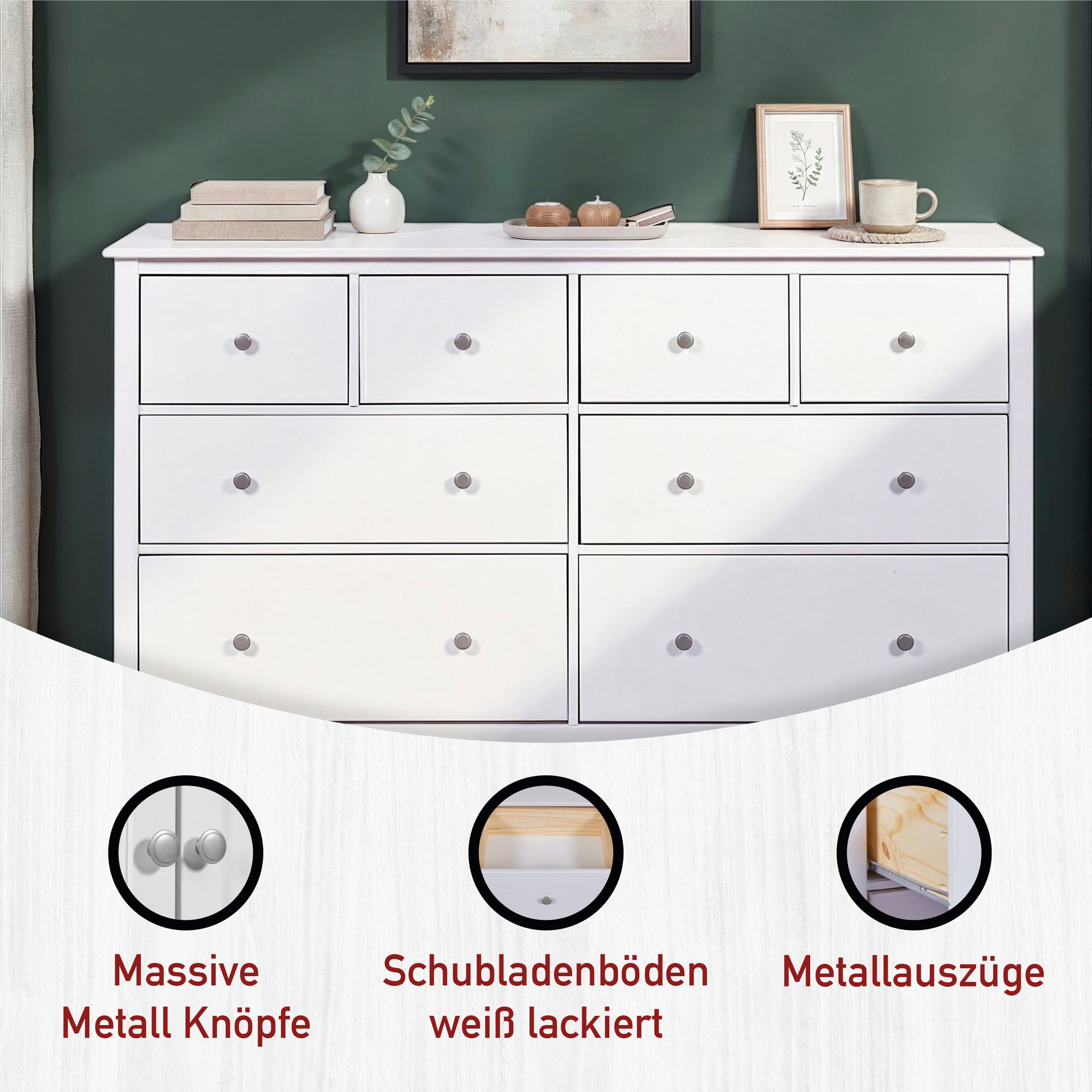 Inter Link Schubkastenkommode Pinora, Kiefer Massivholz, Weiss, 160 x 39,50 x 96 cm, viel Stauraum (1 St), Sideboard im modernem Skandi Look, 8 Schubladen, Aufbewahrungsschrank