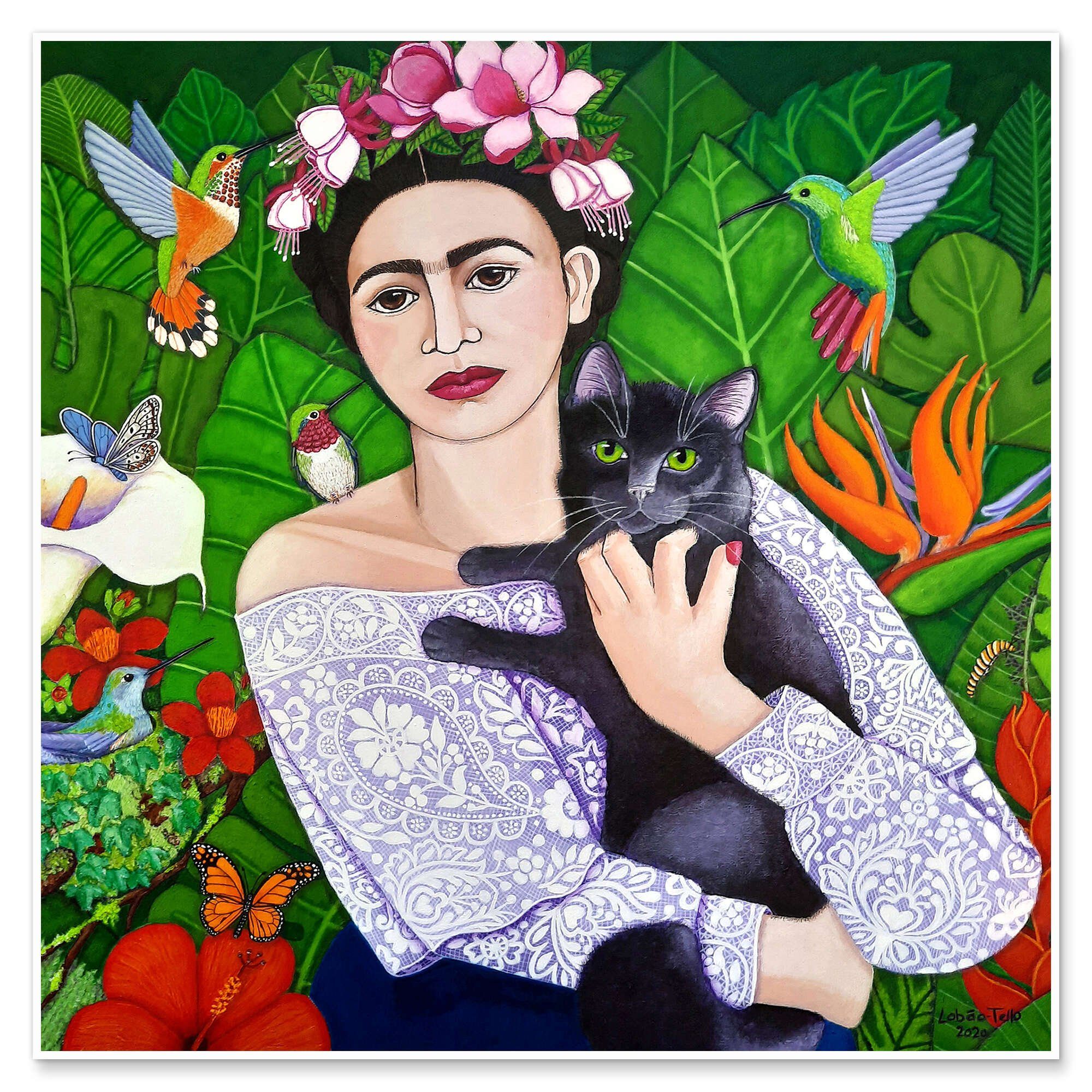 Posterlounge Wandbild, Frida Kahlo mit schwarzer Katze | Poster