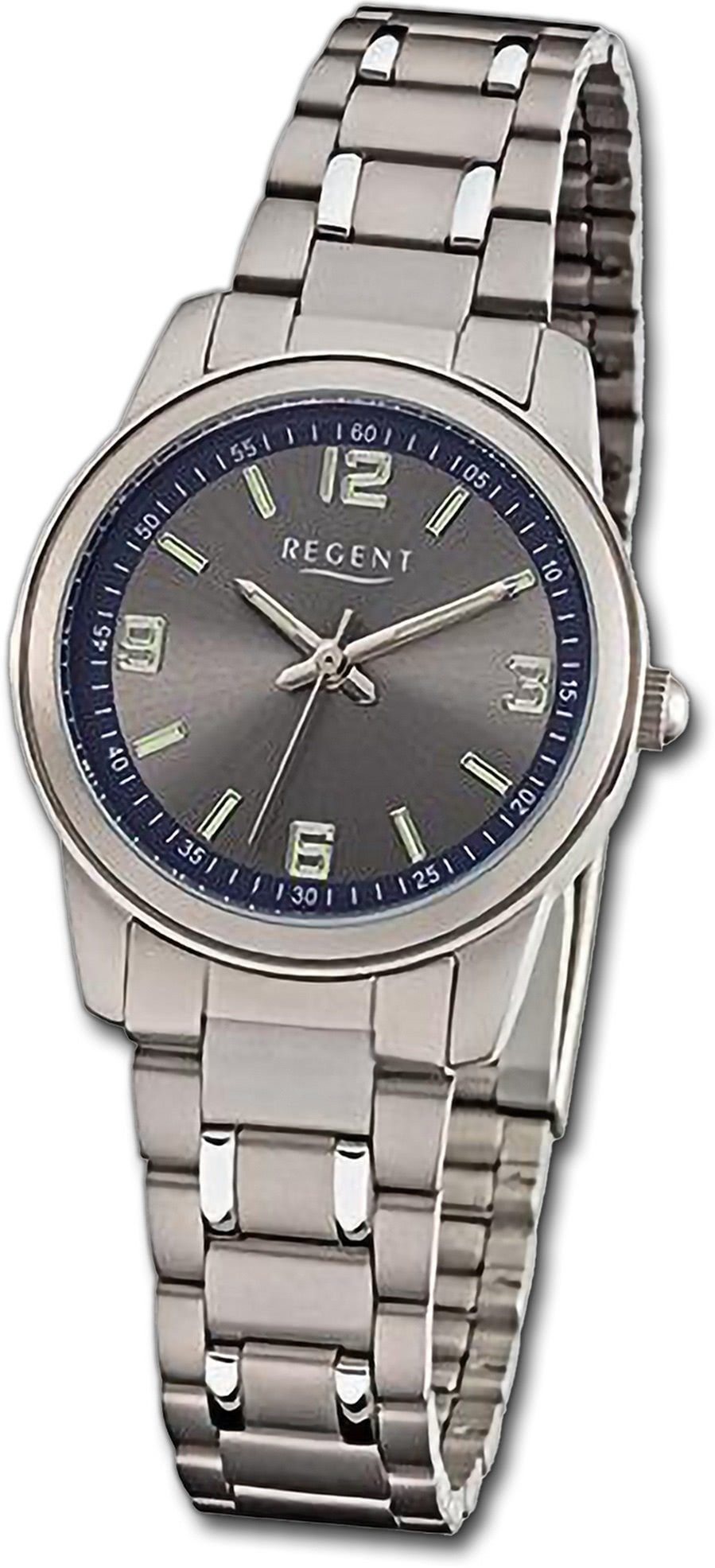 Regent Quarzuhr Regent Damen Armbanduhr Analog, Damenuhr Metallarmband grau, silber, rundes Gehäuse, groß (ca. 27mm)