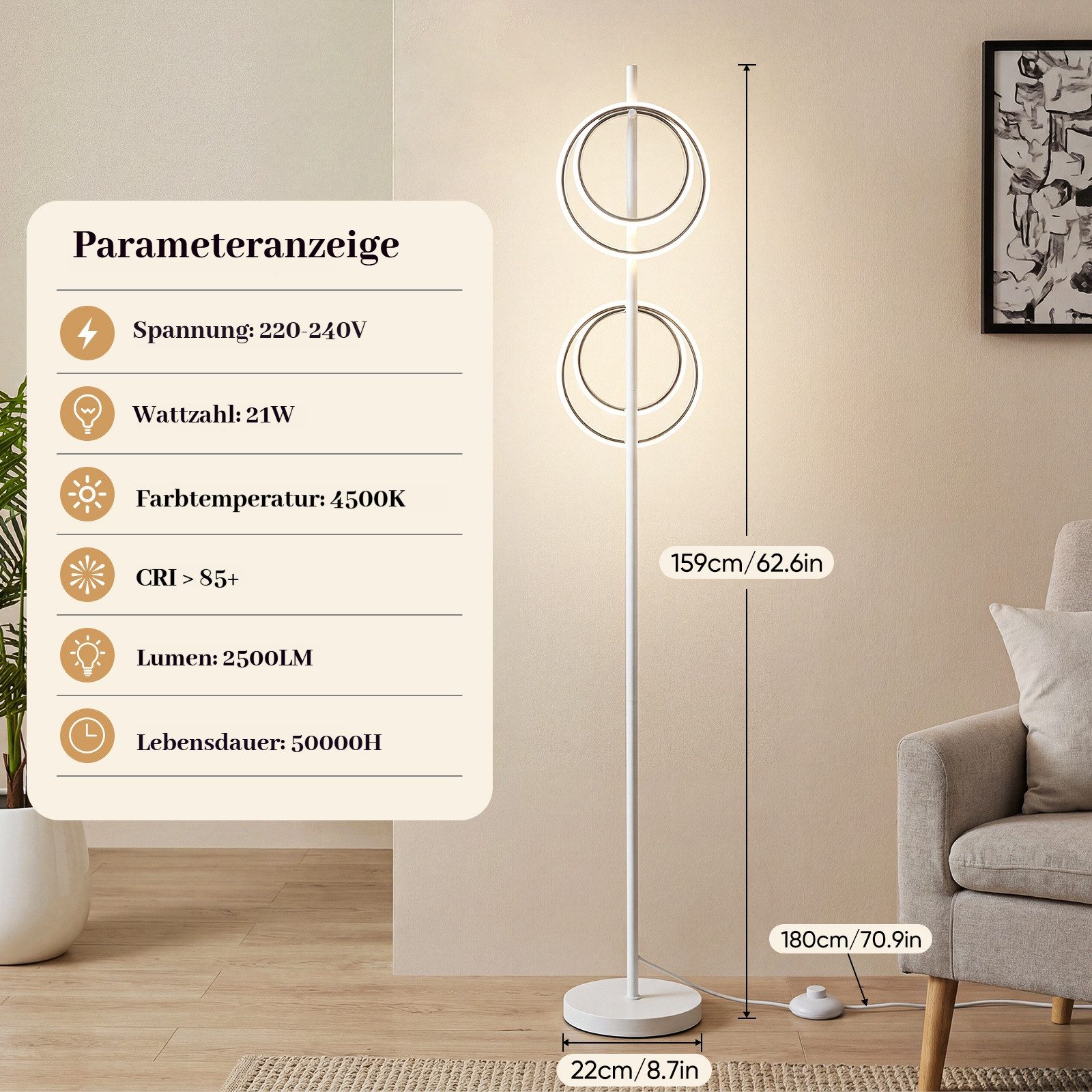 BlingBin Stehlampe LED Doppelring Standleuchte 21W, 4500K, LED Lampe 2500lm, LED fest integriert, Naturweiß, Wohnzimmerlampe mit Schalter für Schlafzimmer, Büro, Küche& Flur