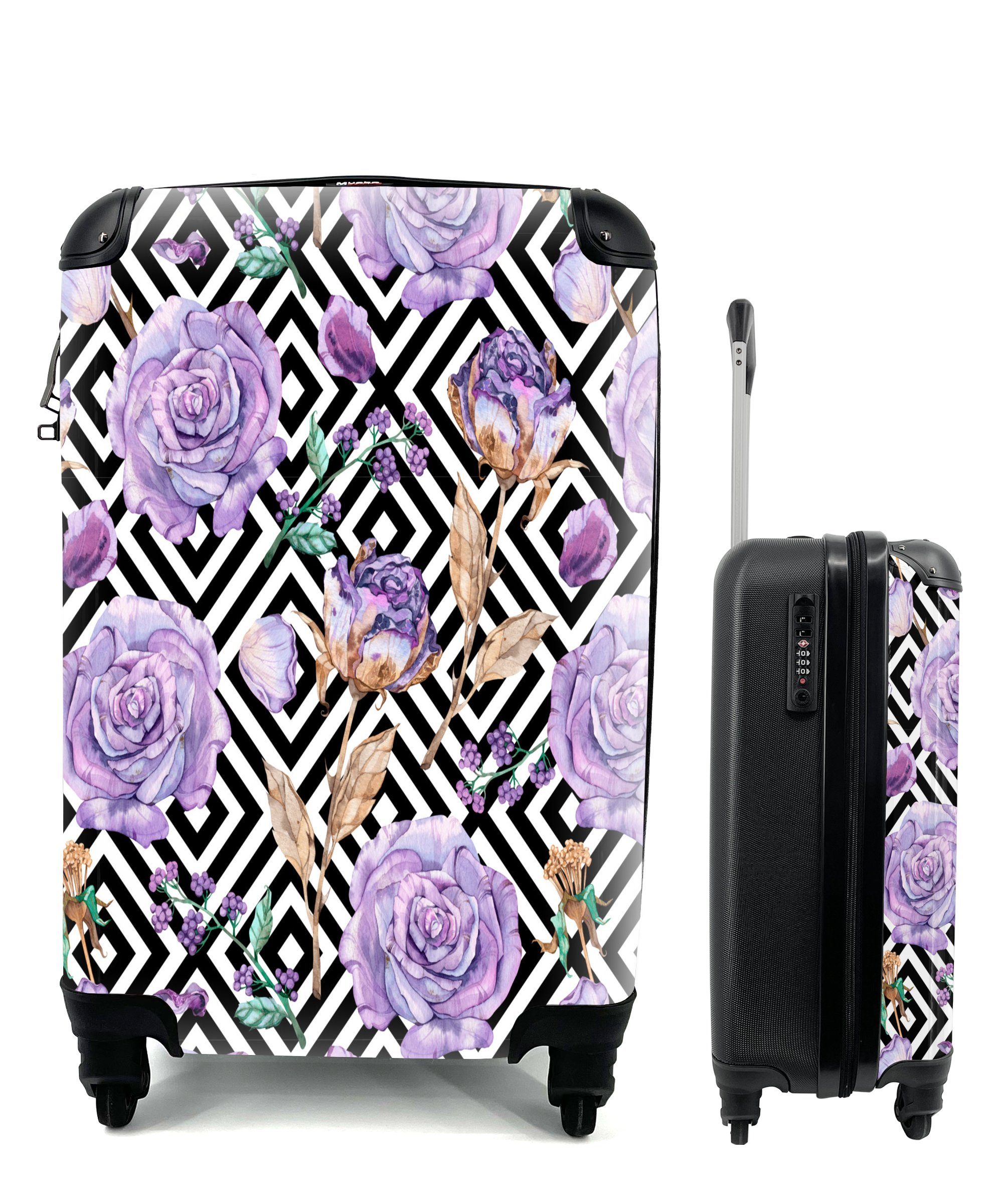 mit rollen, Handgepäckkoffer MuchoWow Rosen Reisetasche Blumen - Lila, Reisekoffer Ferien, - für Trolley, Handgepäck 4 Rollen,