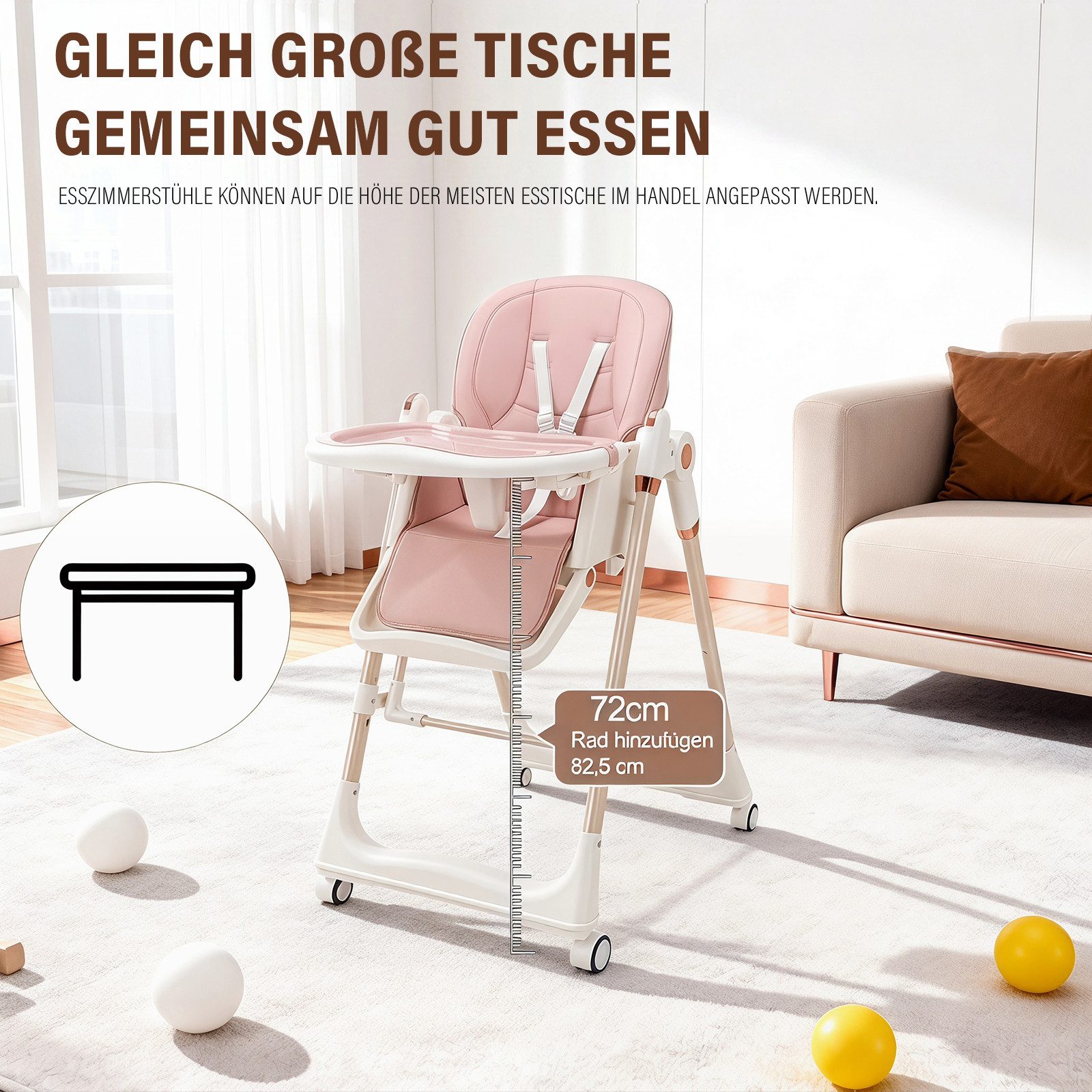 oyajia Hochstuhl Kinderstuhl Stuhl Baby Kinderstuhl Klappbar mit Esstablett (Baby & Kinder Hochstuhl Babyliege Höhenverstellbar, Räder Klappbar), mit Liegefunktion 0-36 Monate