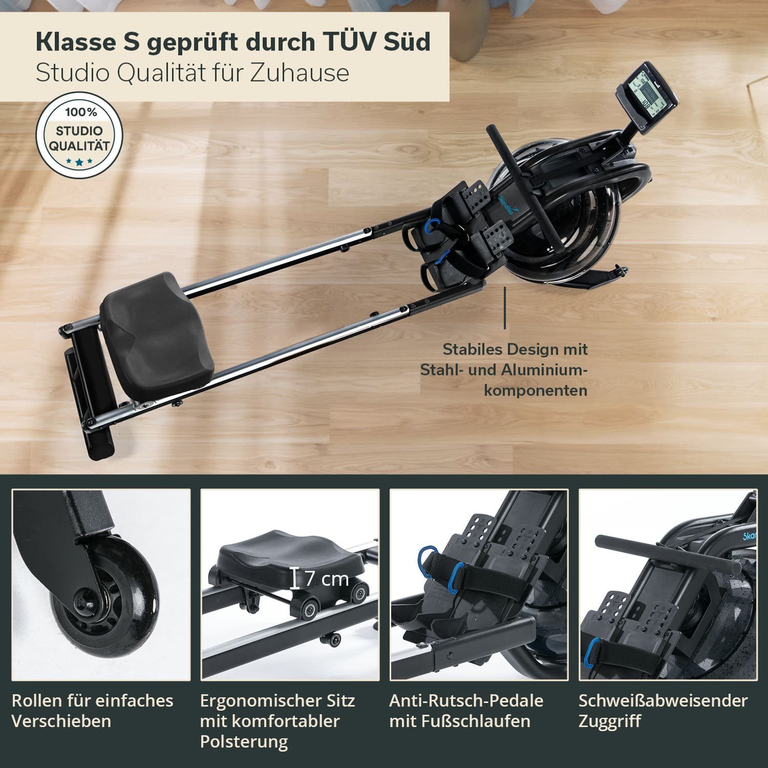 Skandika Rudergerät Rudergerät Nemo IV Set2, Wasser Rudergerät mit Kinomap und Tablet Halterung