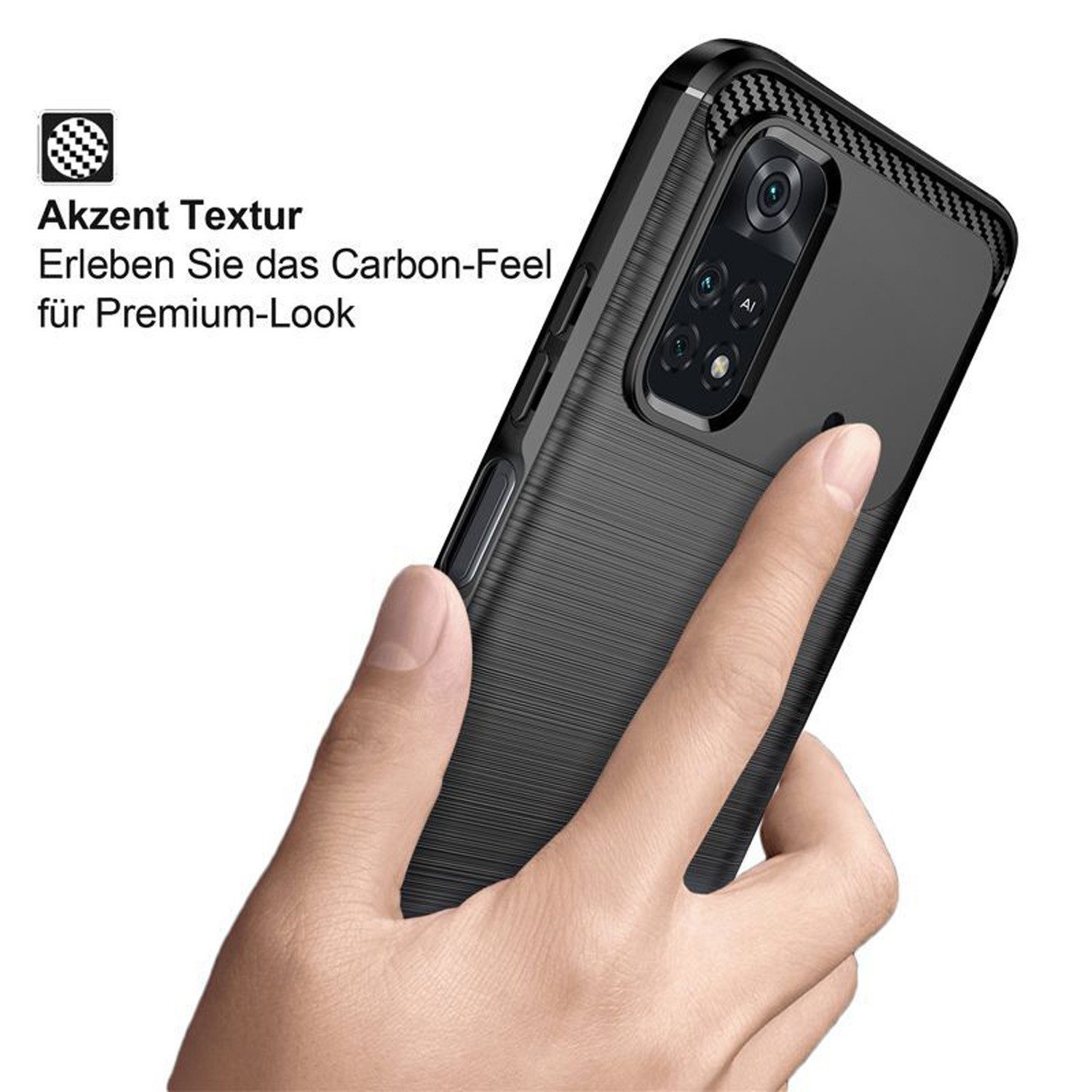 betterfon Handyhülle Carbon Hülle für Xiaomi Poco M4 Pro 4G Backcover TPU Silikon Schwarz, Carbon-Look – stoßfestes Case mit Air-Cushion & Metall-Optik