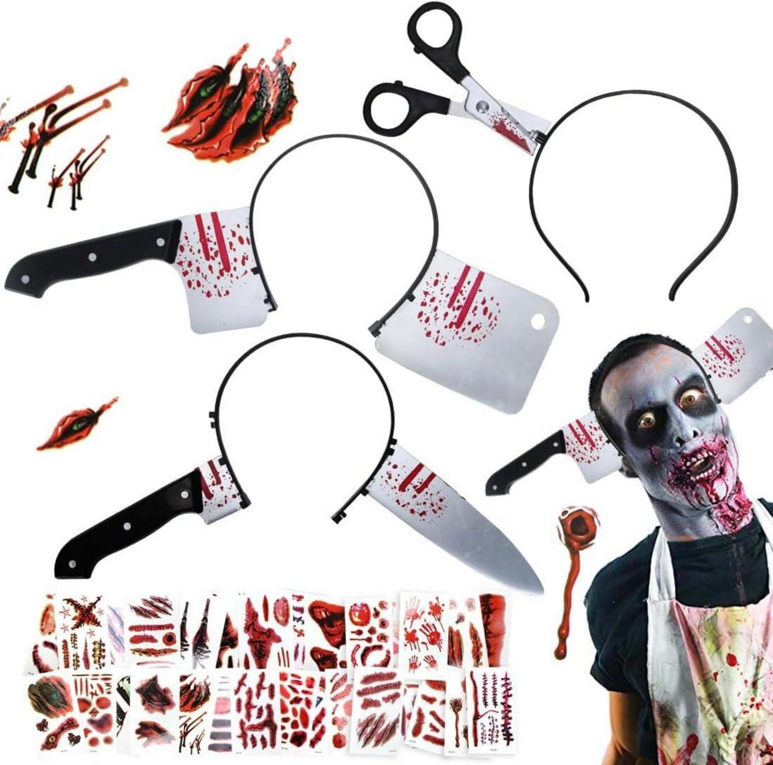 Hängedekoration Horror Halloween Haarreifen Set mit Tattoo Aufkleber, 3-teilig