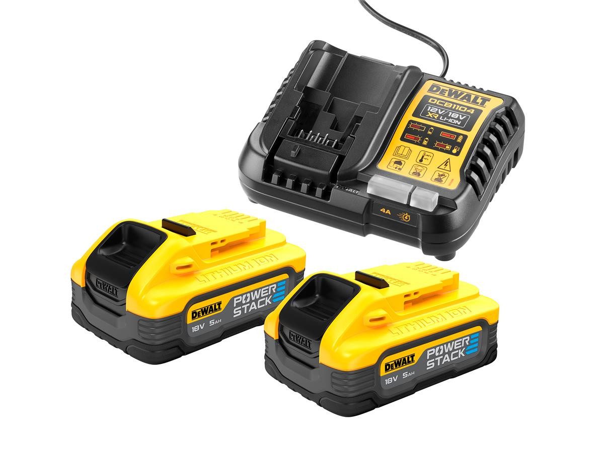 DeWalt (2x 18V/5Ah PS plus DCB1104) Akku-Set 5000 mAh (18 V), LED-Anzeige, 2-Stufen Ladeprozess, Überhitzungsschutz
