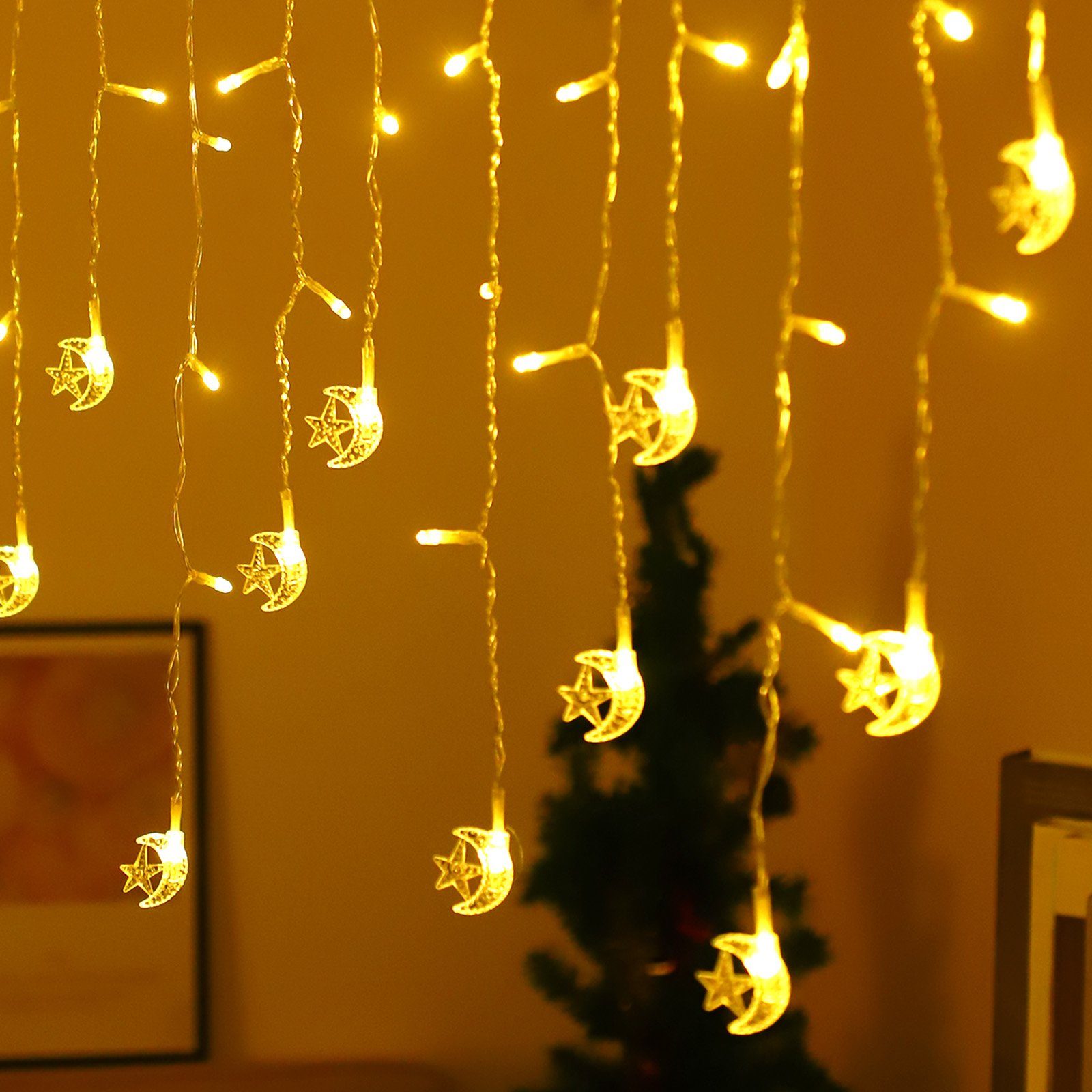 Rosnek LED-Lichtervorhang 3M, Mondstern, USB, für Zelt Party Ramadan Weihnachten, Schlafzimmer Camping