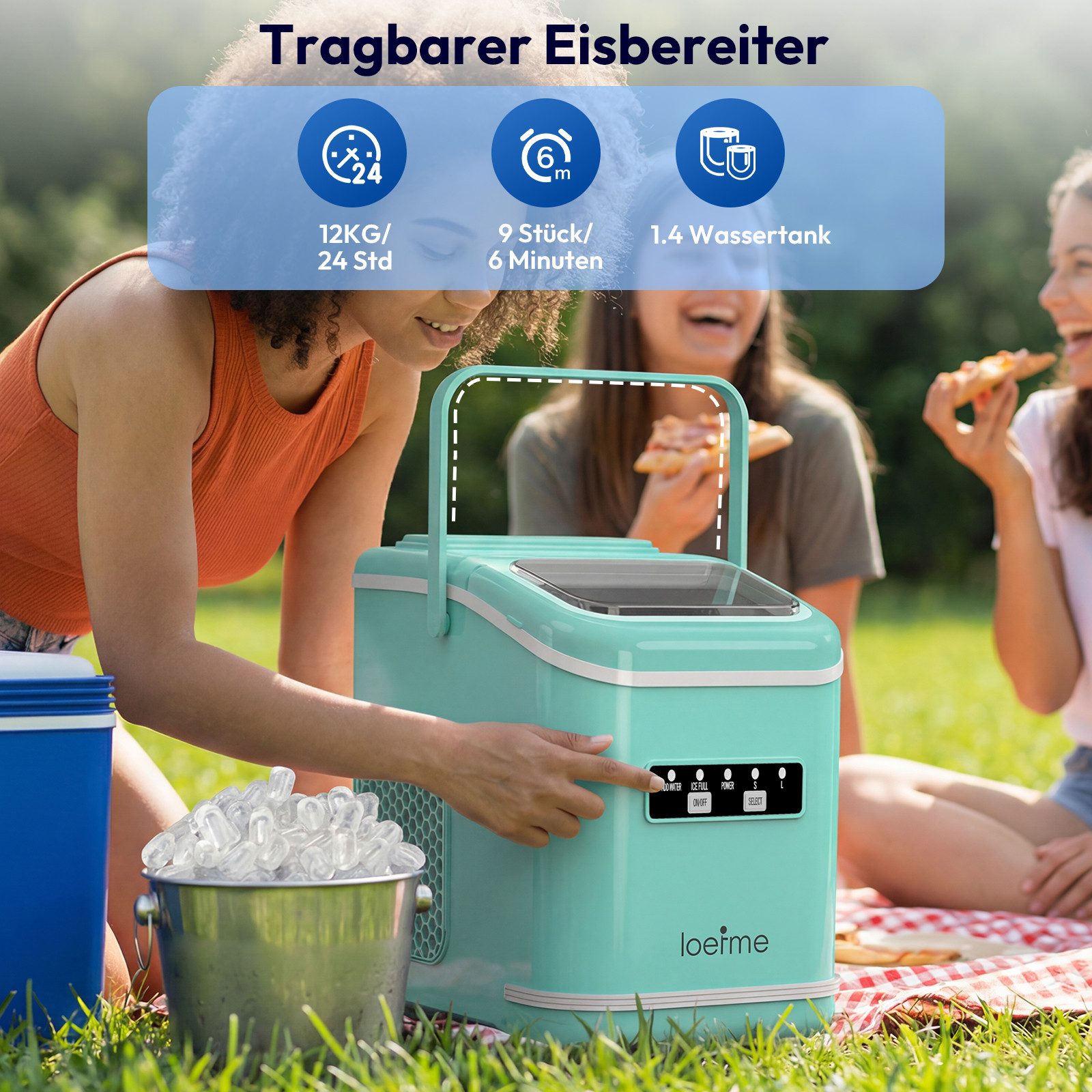 loefme Eiswürfelmaschine Tragbarer, 12kg/24h, 9 Würfel in 6 Min, mit Selbstreinigung, 2 Eisgrößen, Leiser Eiswürfelbereiter mit Tragegriff, 1,4L Tank