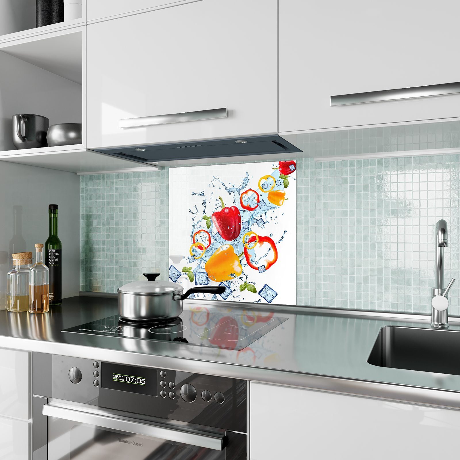 auf Motiv mit Wasserwelle Küchenrückwand Paprika Glas Primedeco Spritzschutz Küchenrückwand
