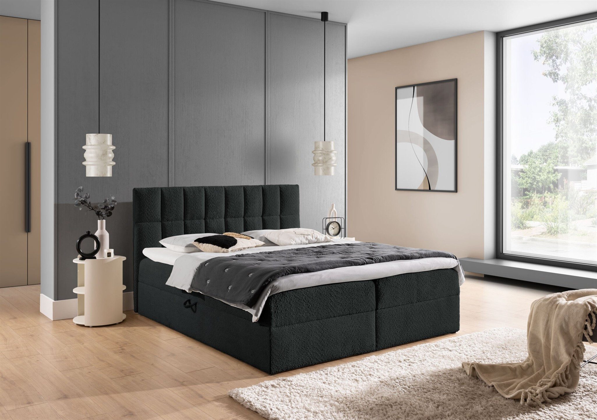 Fun Möbel Boxbett Schlafzimmerbett DOMINGA Standard Überlänge (220cm) (mit Bonellfederkernmatratze, inkl. Kaltschaumtopper), 2 x Bettkasten