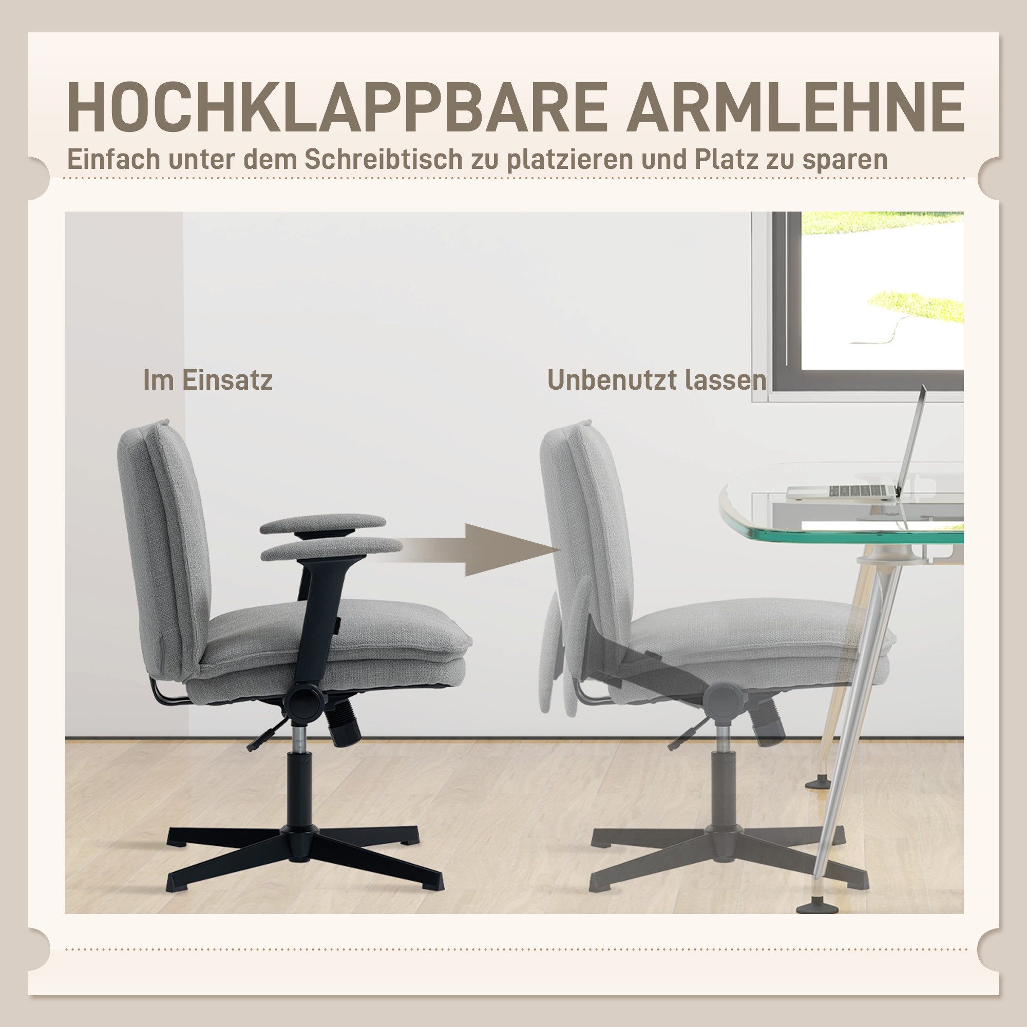 HOMCOM Bürostuhl Schreibtischstuhl, Schneidersitzstuhl, Leinenoptik, Home-Office (Drehstuhl, 1 St), für Schlafzimmer, Arbeitszimmer, Grau – Bild 5 von 5