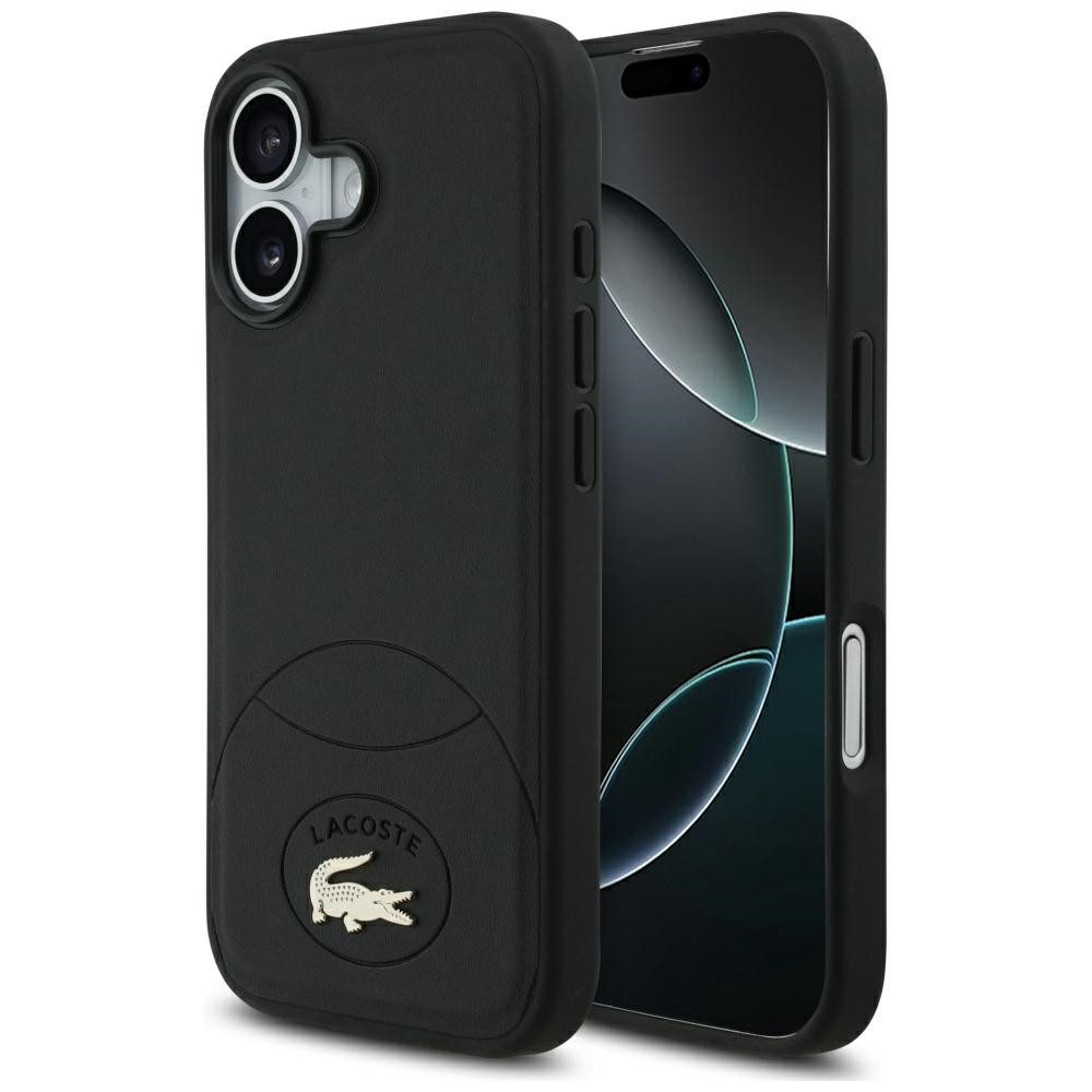 Lacoste Handyhülle Bliss MagSafe Hülle iPhone 17 Kunstleder Schwarz Logo Metall 6,3 Zoll, Kantenschutz