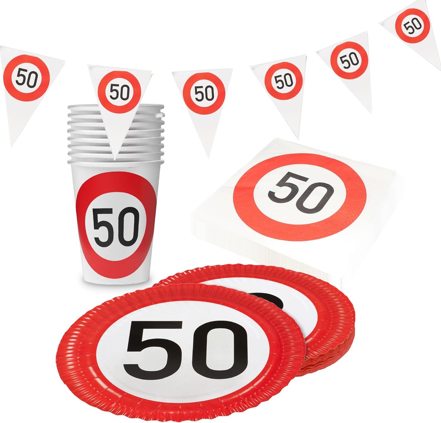 Party Factory Geschirr-Set Happy Birthday 50 – 37-tlg Set mit Geschirr, Servietten & Wimpelkette, 8 Personen, im Verkehrsschilder Design