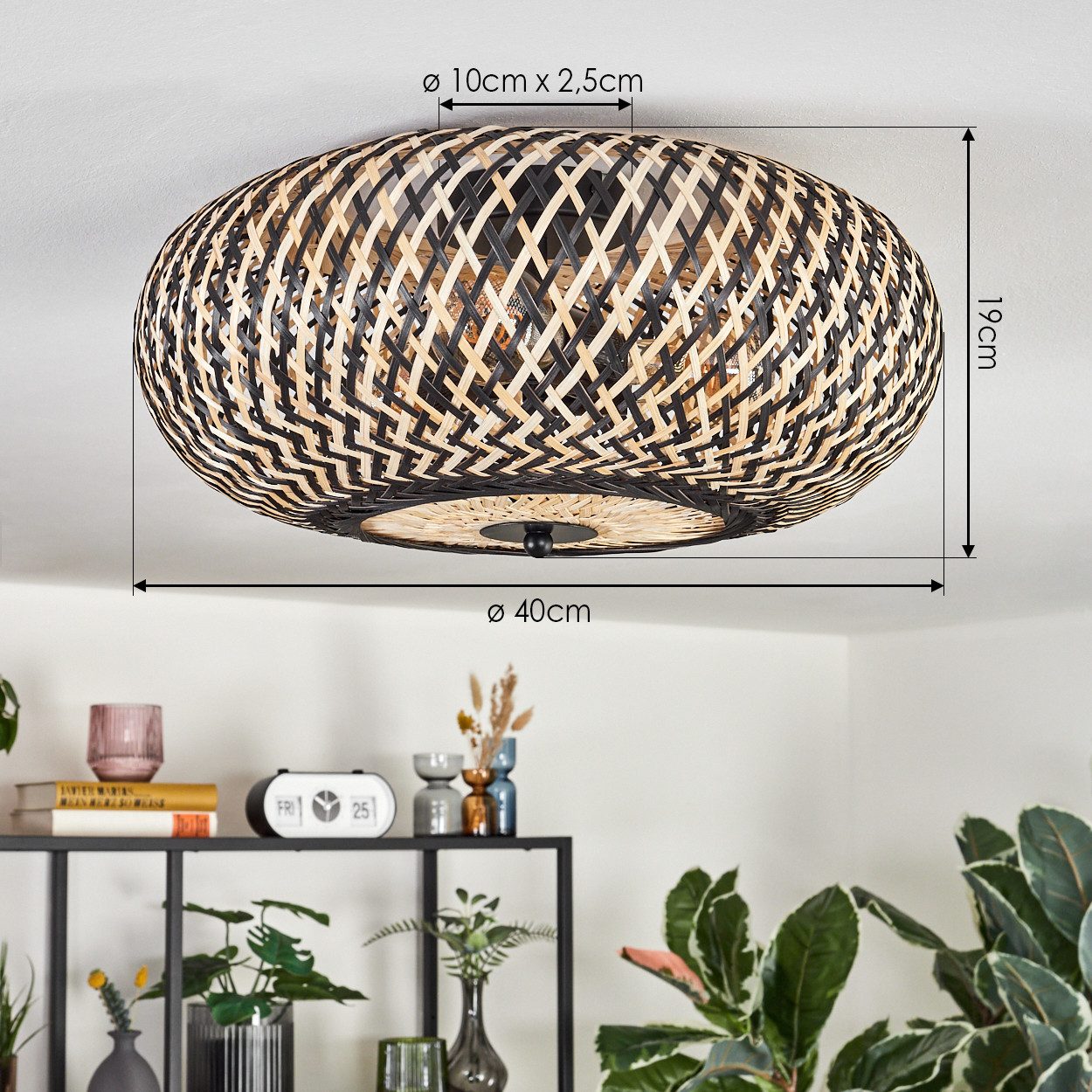 hofstein Deckenleuchte moderne Deckenlampe aus Metall/Bambus in Schwarz/Naturfarben, ohne Leuchtmittel, Boho-Design Deckenleuchte, Lichteffekt an d. Decke, Ø 40 – Bild 4 von 5
