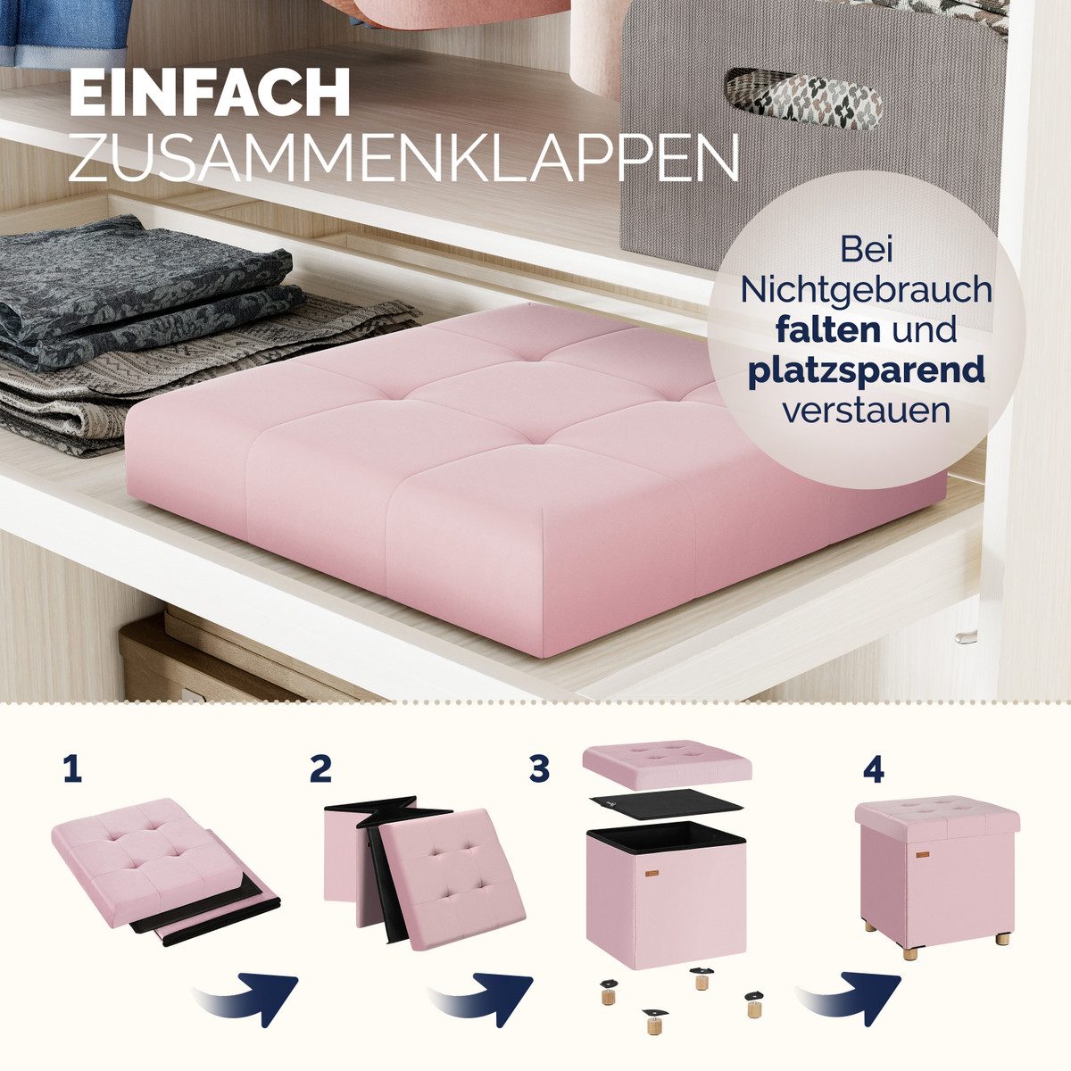 Casaria Sitzhocker, Samt Rosa Faltbar inkl. Füßen 38x38cm 300kg Belastbarkeit Wohnzimmer