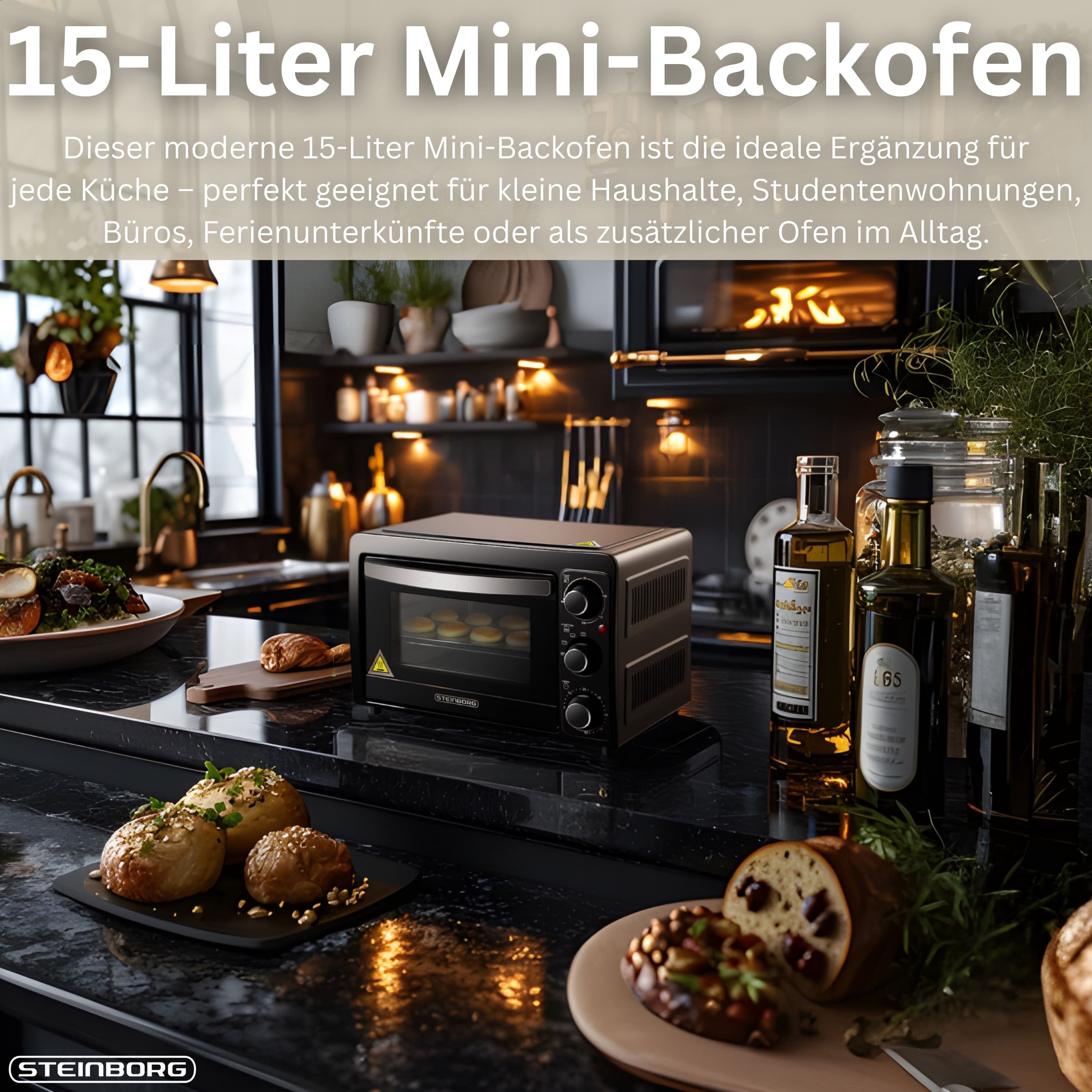 STEINBORG Minibackofen SB-3015, 15 Liter, mit Krümelblech, 1300 Watt