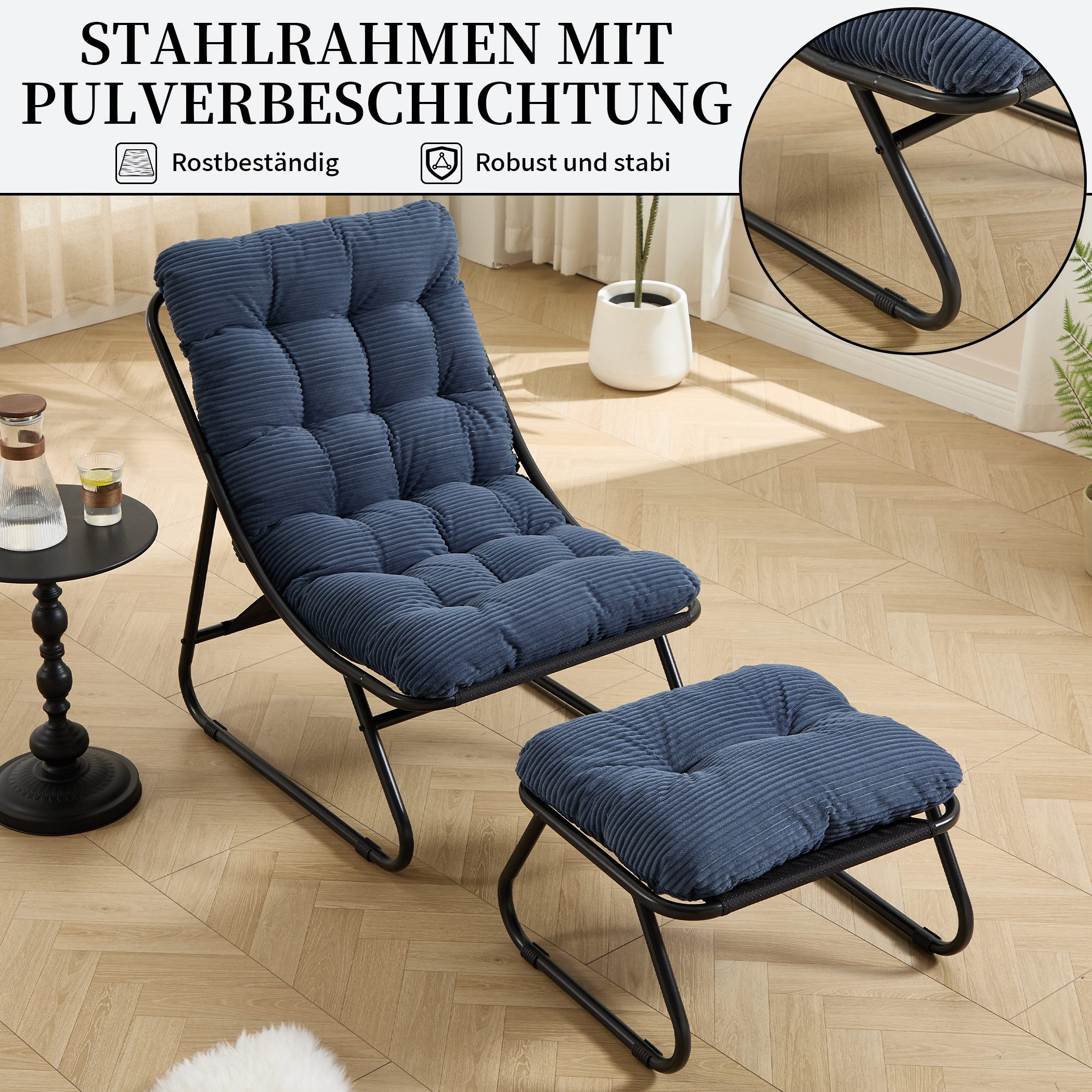 SeedWave Loungesessel mit Ottoman Liegestuhl Stahlgestell Gartenstuhl mit Trennbaren Pölster (bestehend aus Sessel und Hocker), Outdoor Terrassenstuhl für Garten usw. Außenbereich