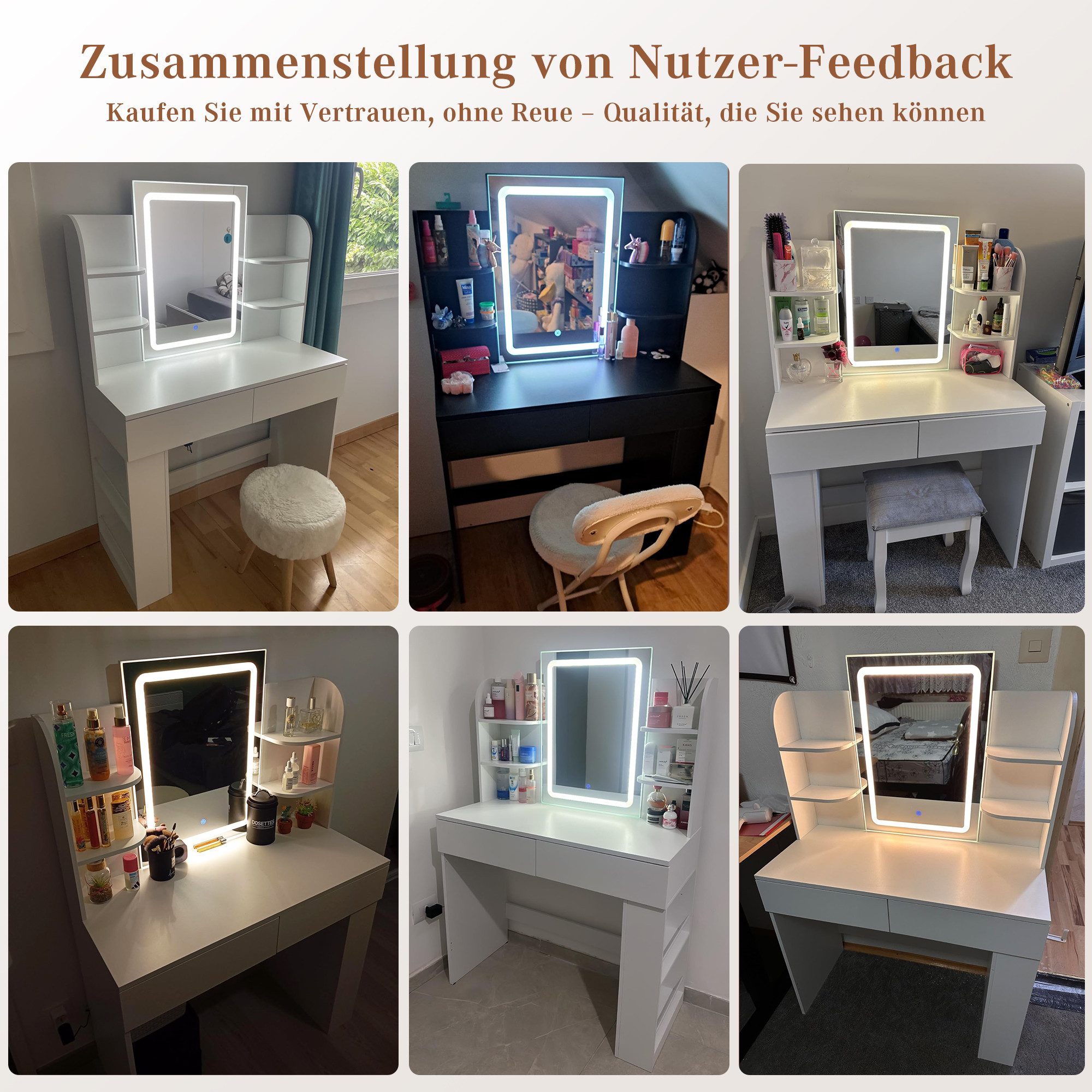 HOMALL Schminktisch mit Spiegel, LED-Beleuchtung, einstellbare Helligkeit, ostern (Länge × Breite × Höhe) 90/110 × 40 × 135 cm, 8 offene Fächer (2 seitliche Fächer sind nach links und rechts verschiebbar), 2 große Schubladen – Ostergeschenk)