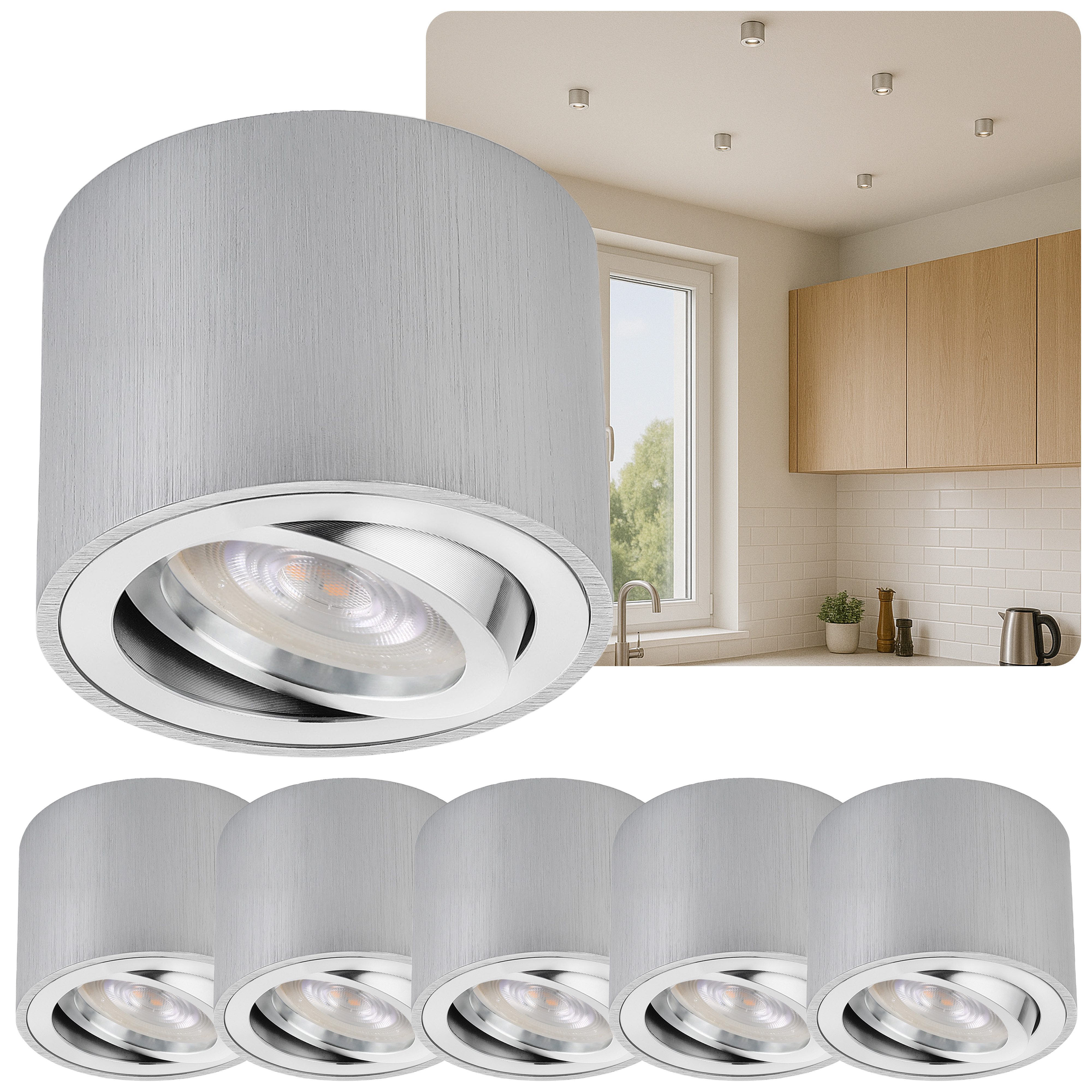 Sweet LED LED Aufbaustrahler 6er Set flache LED Aufbauspots - rund & schwenkbar, 5 W, 230V, LED wechselbar, Warmweiß, LED Deckenlampe, Deckenspot, Deckenstrahler