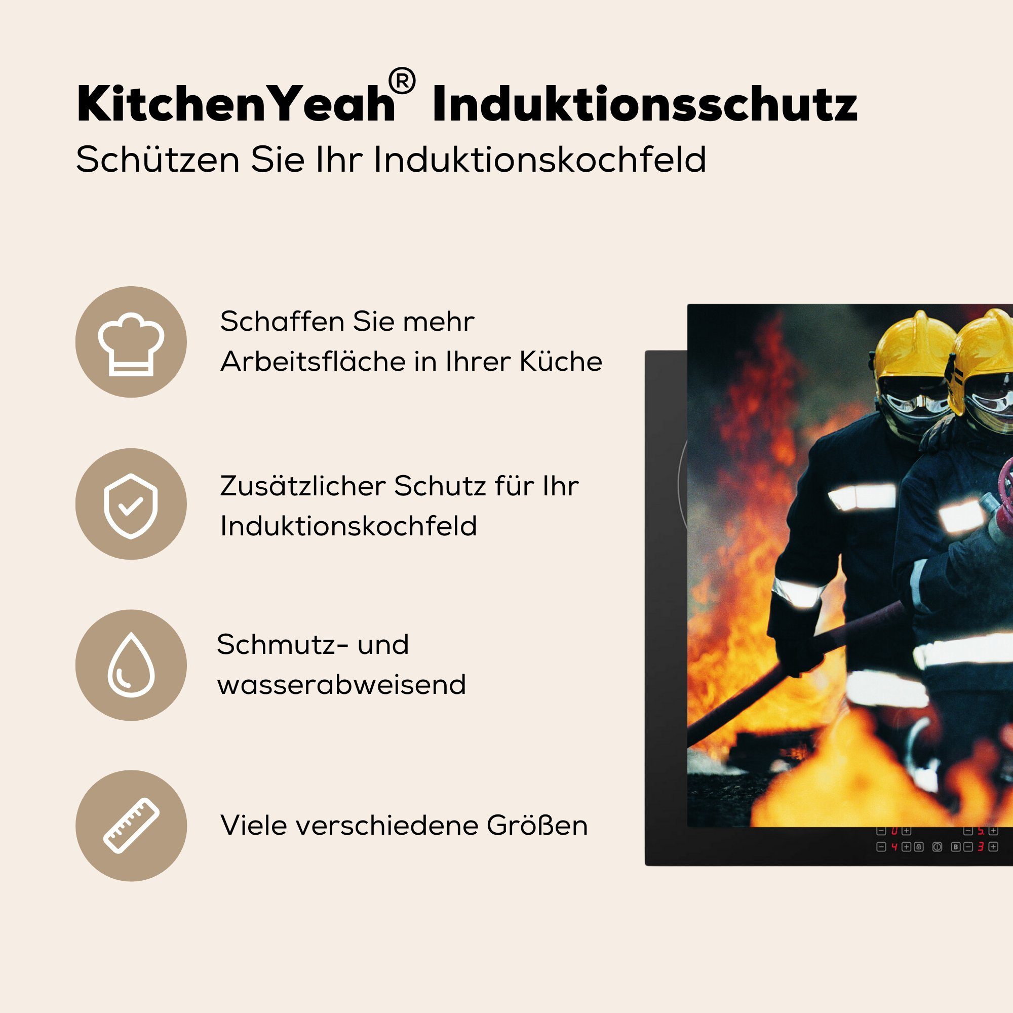 MuchoWow für Schutz Feuerwehrleute tlg), (1 81x52 Ceranfeldabdeckung küche, Herdblende-/Abdeckplatte die Wasserschlauch, Vinyl, halten Induktionskochfeld cm,