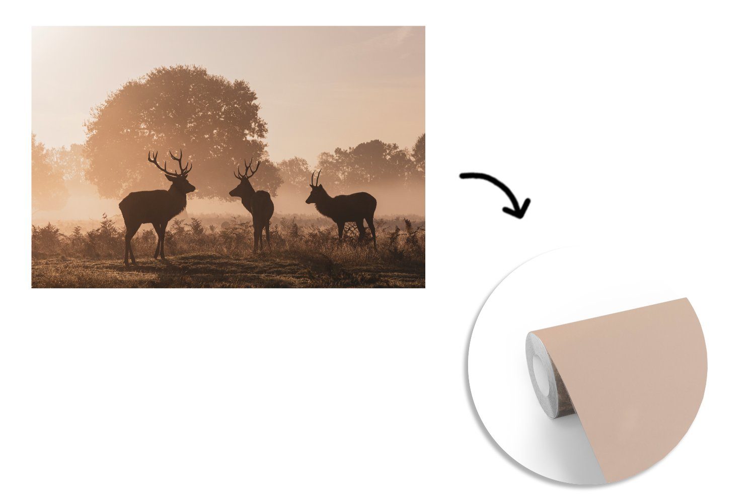 Montagefertig Nebel Wald, MuchoWow (7 - Wandtapete Matt, Wohnzimmer, Hirsche bedruckt, Vinyl Fototapete Tapete - für St),