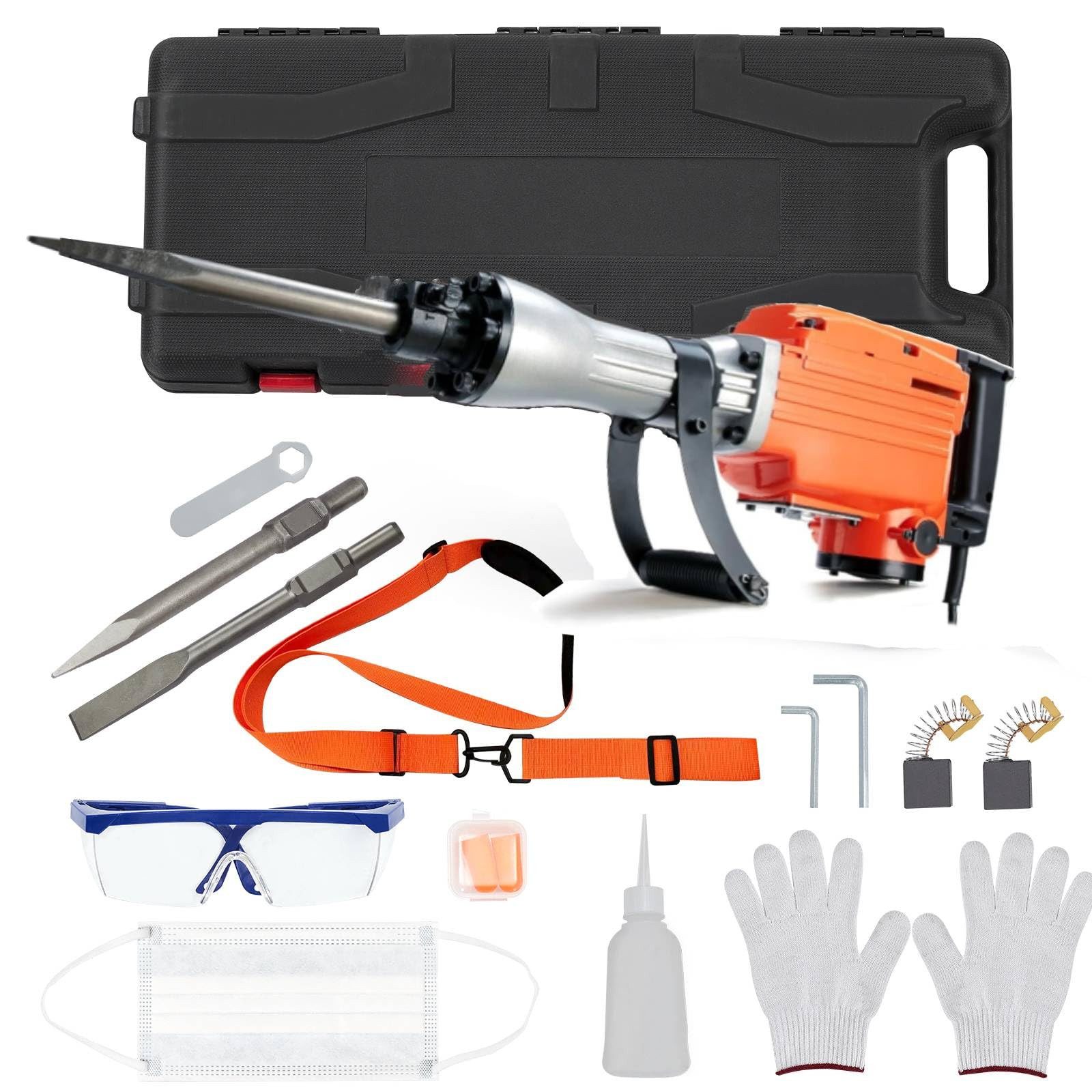 GarveeMore Abbruchhammer Aluminium-Kupfer-Motor, für Beton, Stein, Ziegel, Fliesen, 1700 in W, mit 3 Meißeln, 1400 U/min, 19J Schlagenergie, orange