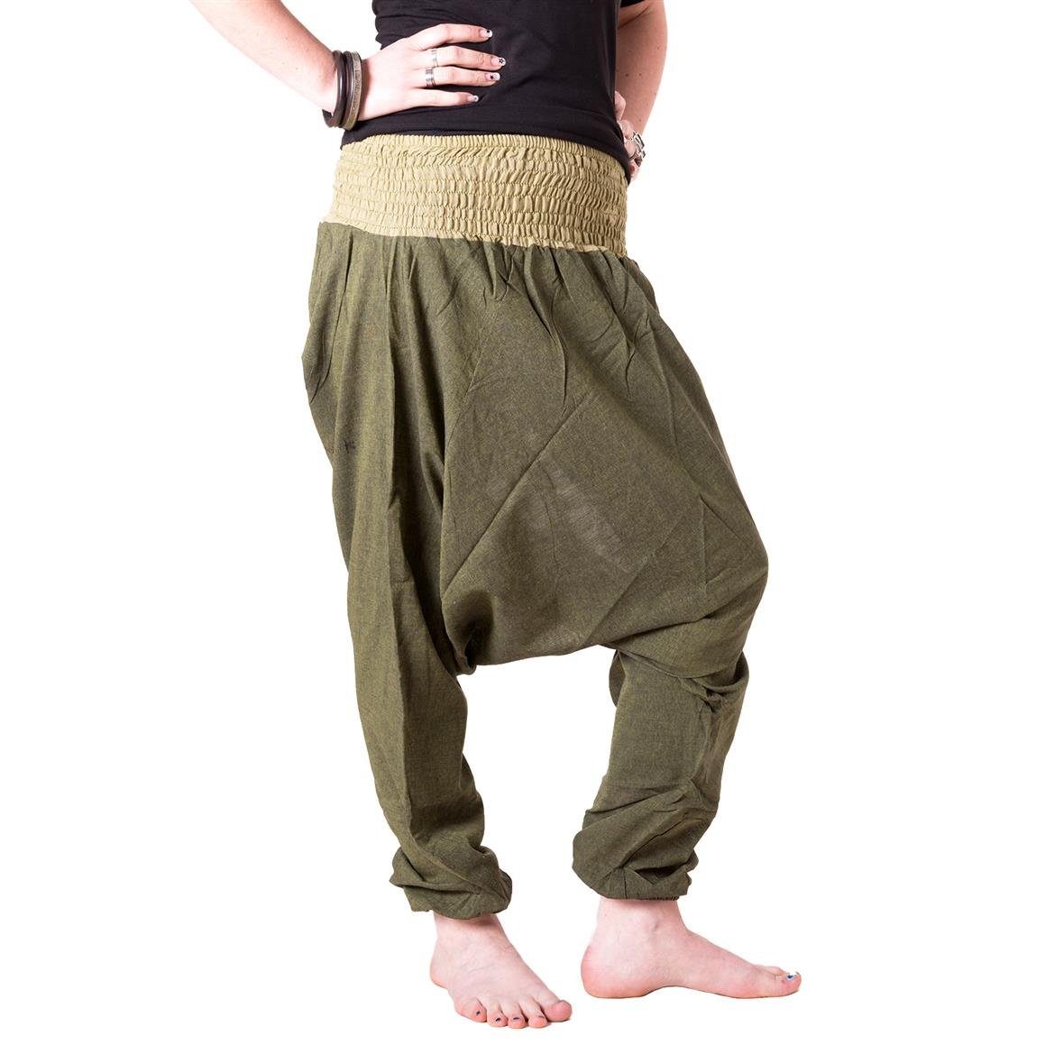 Vishes Haremshose Baumwoll Haremshose mit farbigem Bund lange Größe Pumphose, Pluderhose olivegrün | Weite Hosen