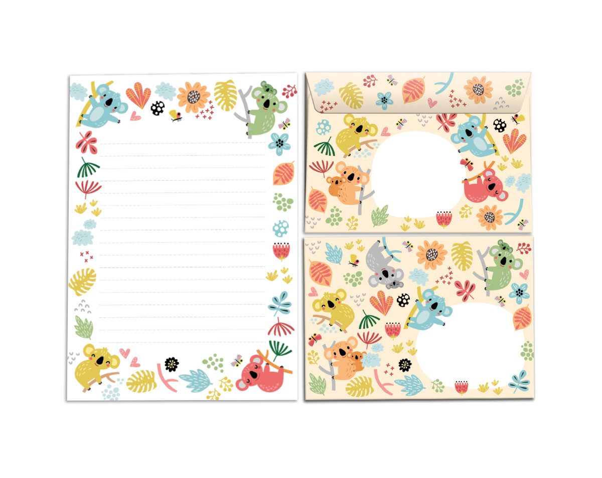 JUNAPACK Briefpapier Set Kinder Briefblock A5 mit Umschlägen Notizblock Papier Koala Bär, Kinder-Briefpapier A5 mit 15 Umschlägen, liniert & leicht beschreibbar