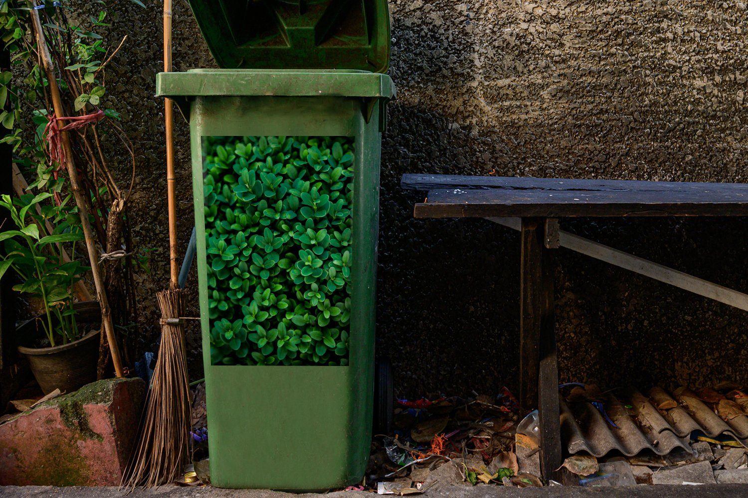 Container, (1 dunklen Sticker, von St), Wandsticker Mülltonne, Abfalbehälter Mülleimer-aufkleber, MuchoWow Buxusblättern Nahaufnahme