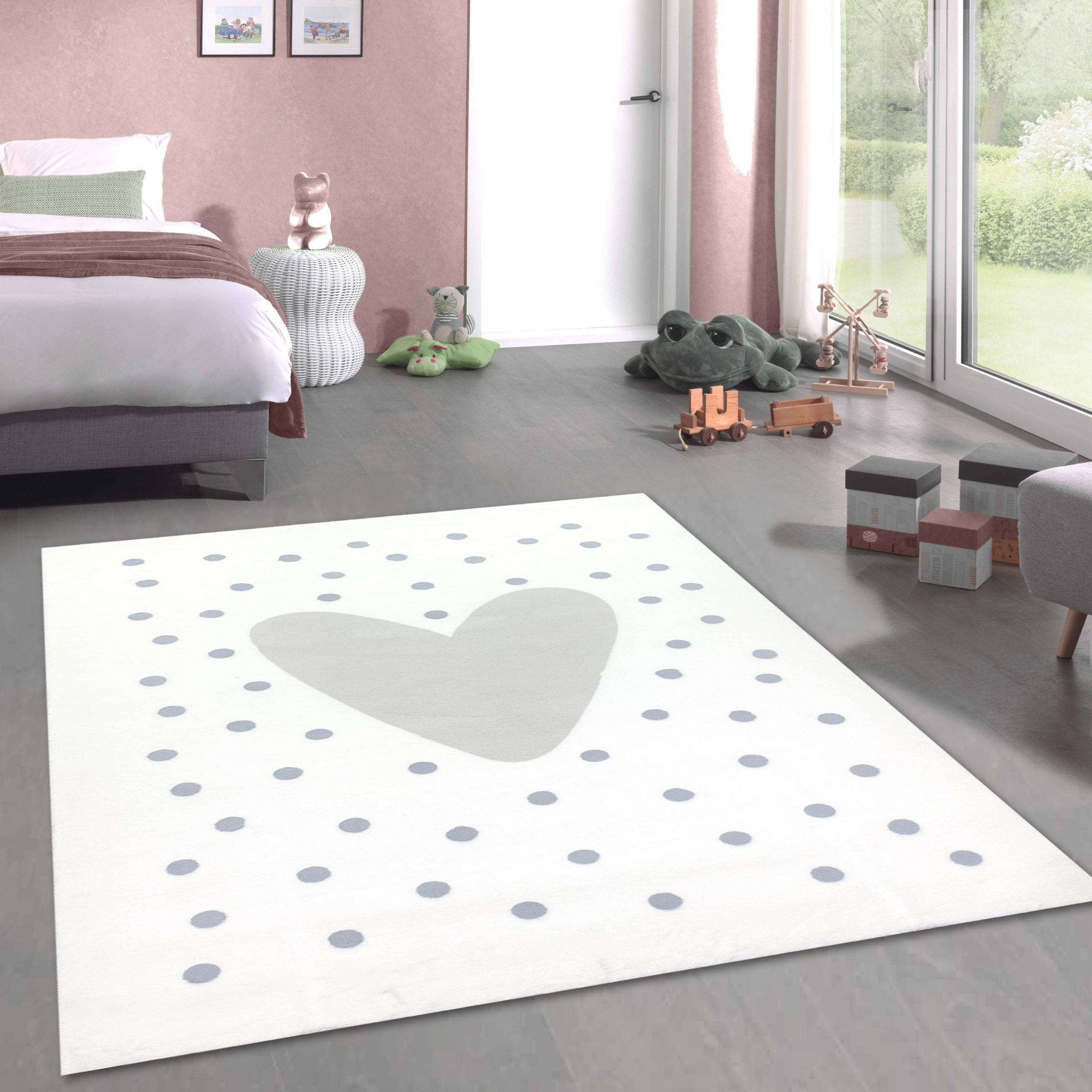 Carpetia Kinderteppich Kinderzimmer-Teppich mit Herz-Pünktchen creme grau, rechteckig, Höhe: 18 mm