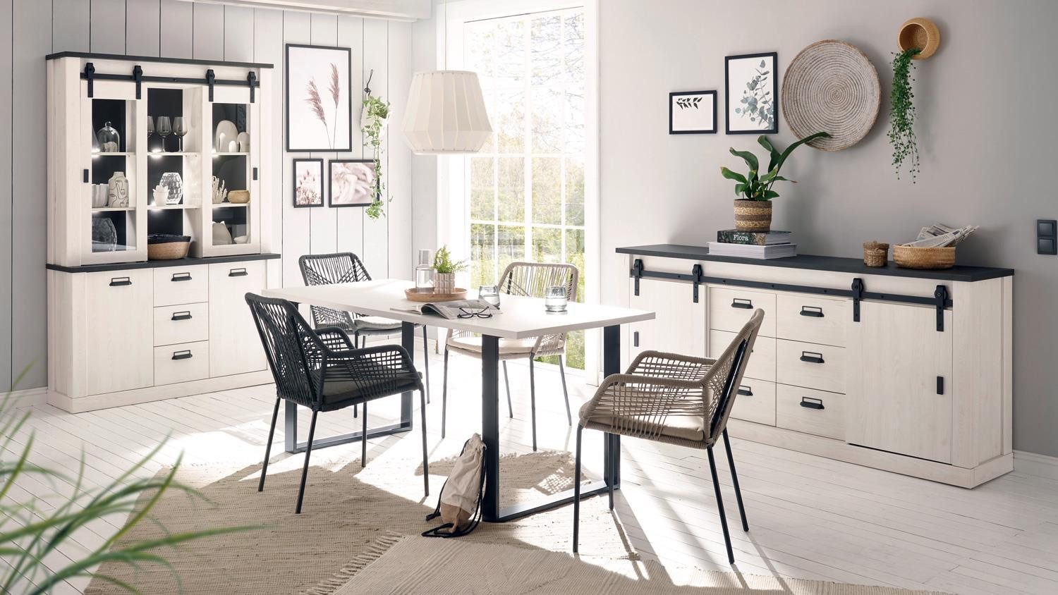 Möbel Akut Esszimmer-Set Esszimmer Sherwood D2 Pinie weiß anthrazit mit soft-close, (3-St)