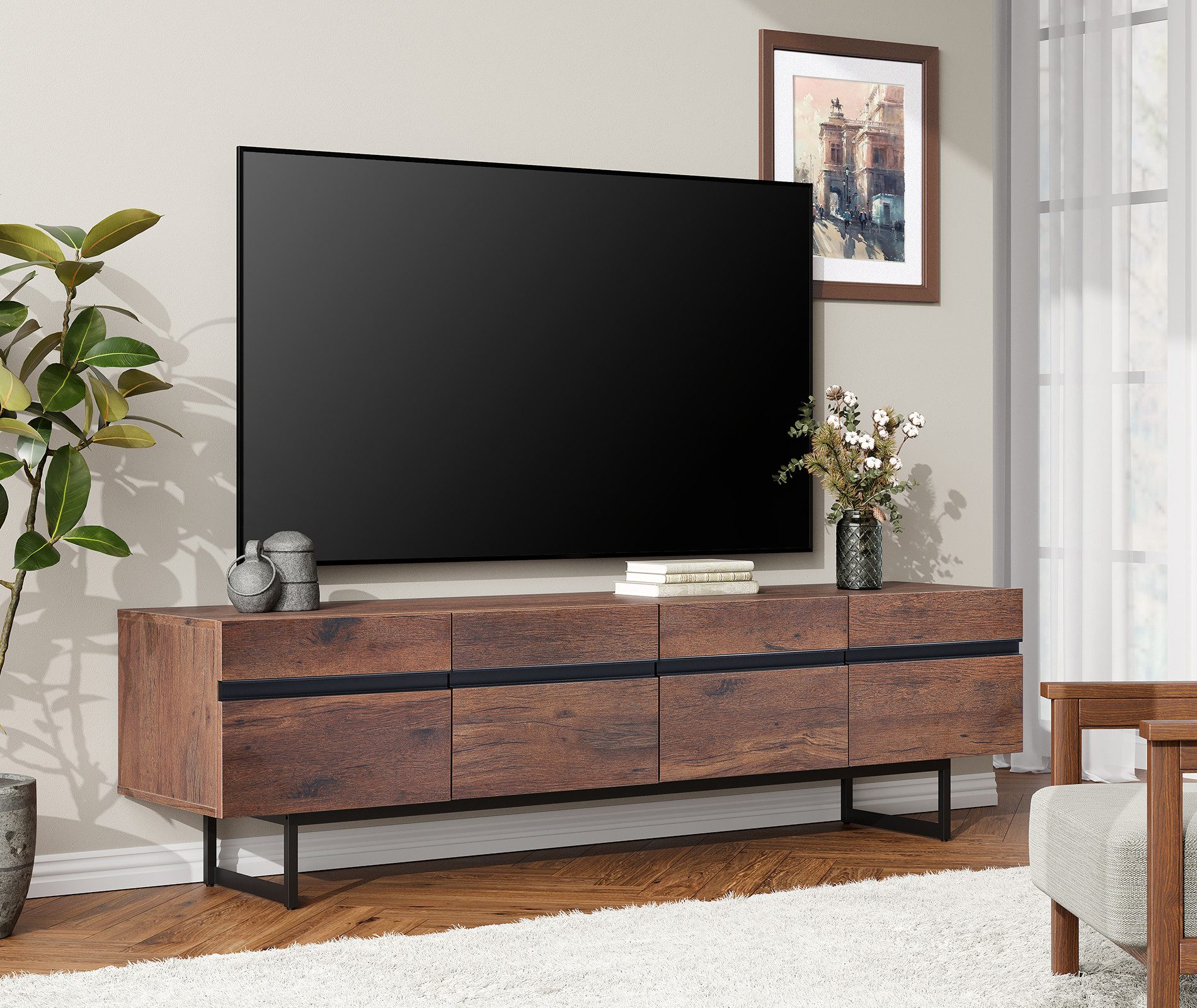 WAMPAT Lowboard 180 cm breiter, brauner TV-Schrank mit 4 Fächern, 51 cm hoch, rutschfeste Füße, für Wohnzimmer