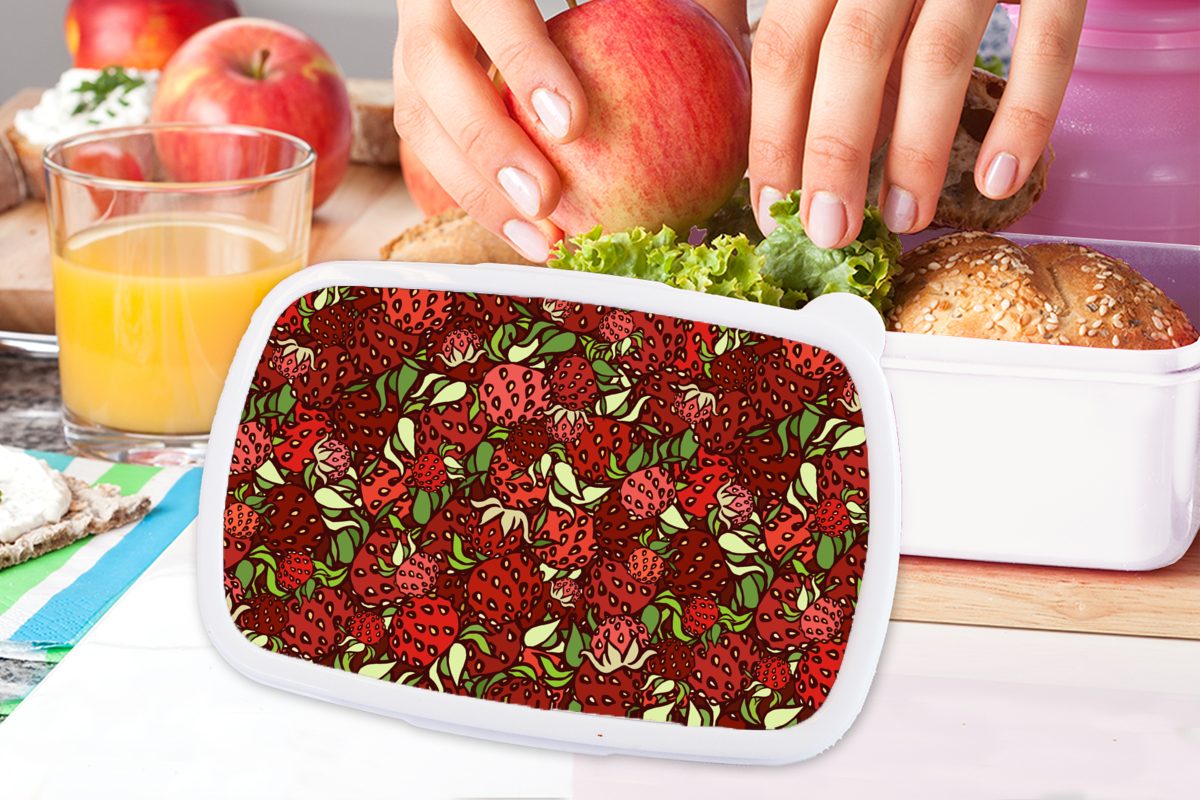 Muster, Brotdose, - Brotbox Puber Jungs Erdbeere MuchoWow Mädchen Kunststoff, - und für (2-tlg), für Lunchbox - Erwachsene, Obst weiß und Kinder