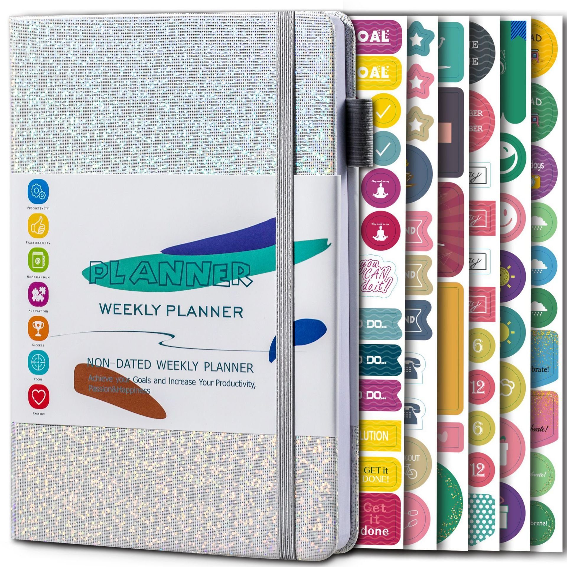 XDeer Notizbuch Planer Notizbuch A5,DIY Buchkalender Daten,DIY Kalender, Studienplaner 2023/2024,Gummiband,mit Aufkleber silver
