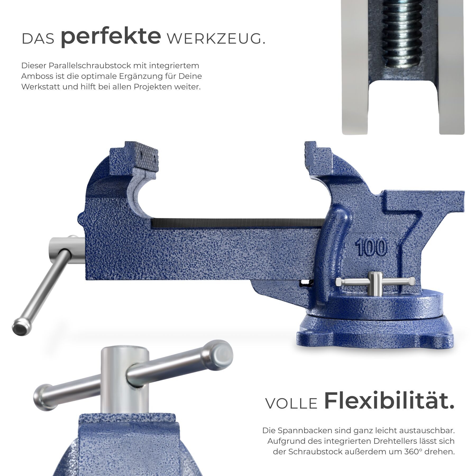 tectake Schraubstock Spannstock aus Gusseisen mit Amboss, 360° drehbar, 3 Anschraublöcher, Werkbankspanner, in blau, 2 Arretierungsschrauben und austauschbare S – Bild 3 von 5