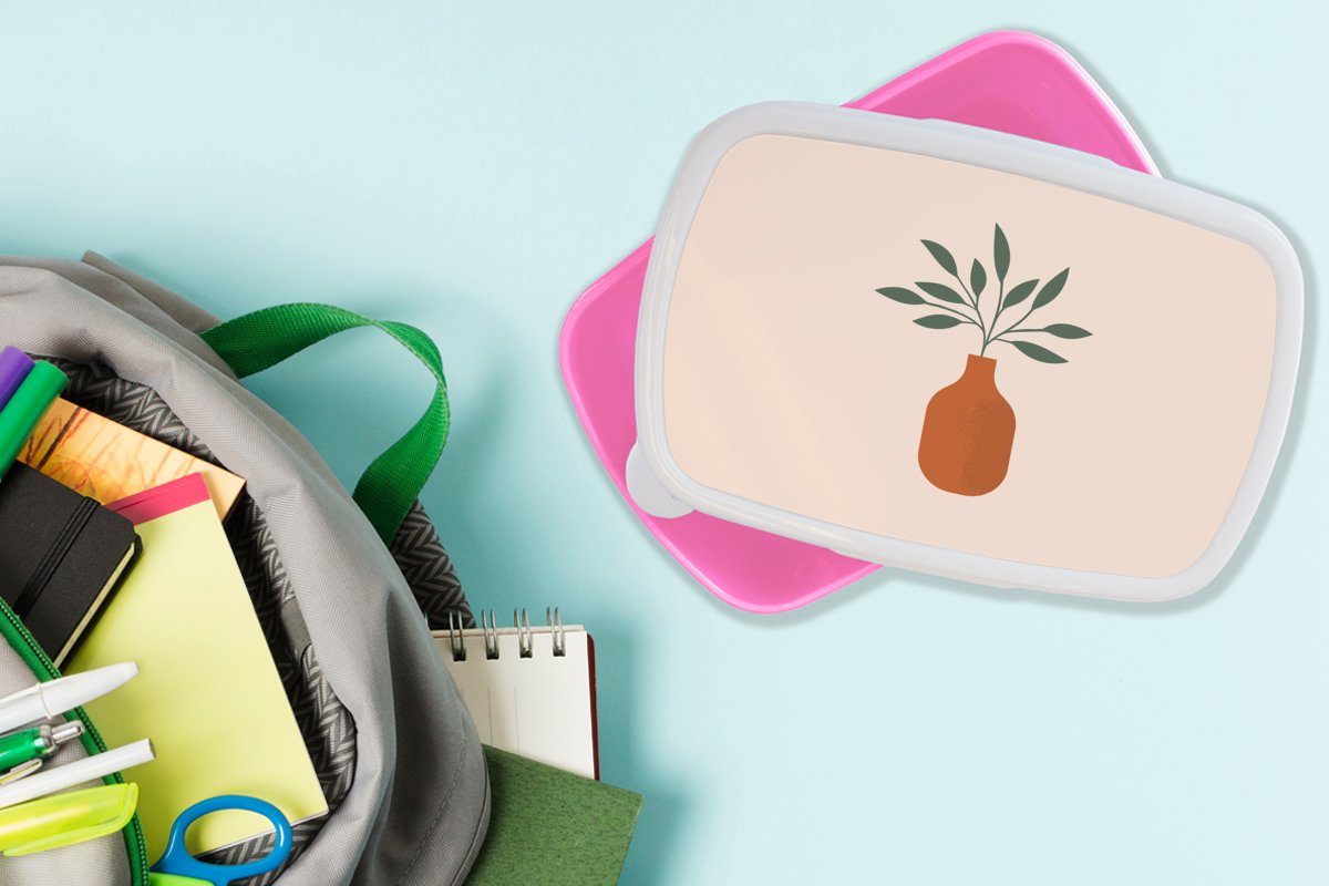 MuchoWow Lunchbox rosa Kunststoff (2-tlg), Brotbox Mädchen, Vase Pastell., für Erwachsene, - Snackbox, Brotdose Pflanze Kinder, Kunststoff, 
