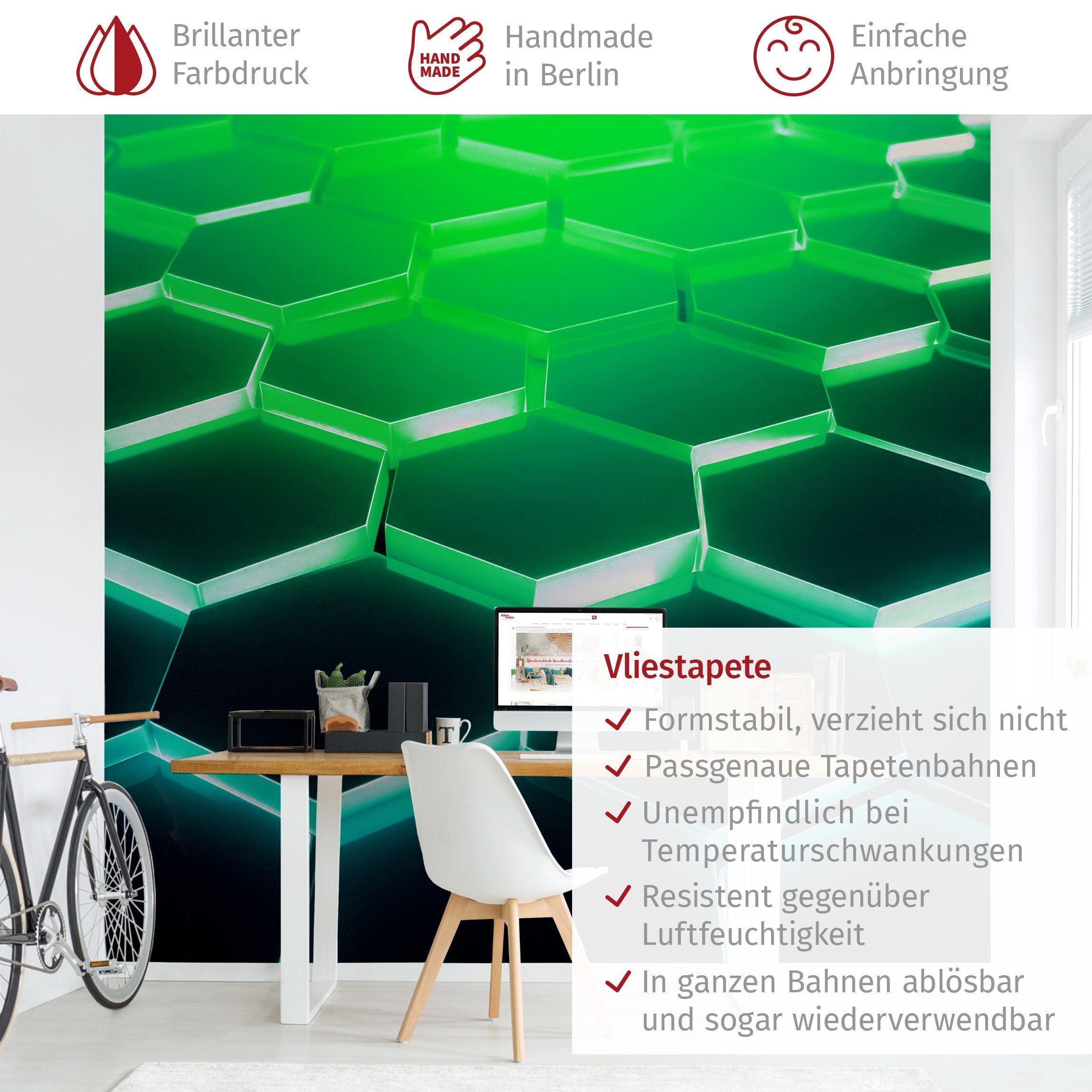 Bilderdepot24 3D-Tapete Hexagone Neonlicht Grün Türkis 3D-Effekt, Glatt, Matt, (Vliestapete inkl. Kleister oder selbstklebend), Jugendzimmer Gaming Zimmer Tapete Wohnzimmer Vliestapete Wandtapete