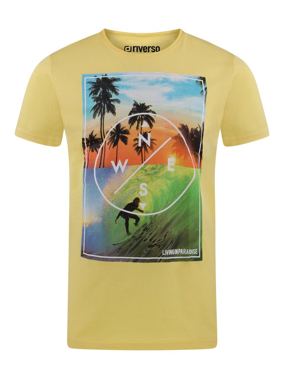 riverso T-Shirt Shirt Fit aus Fotoprintshirt (LJD) Kurzarm RIVLukas Baumwolle Regular Gelb Tee Herren Rundhalsausschnitt 100% mit (1-tlg)