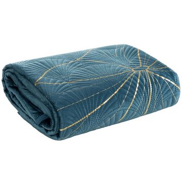 Tagesdecke Bettüberwurf aus Samt mit goldenem Lotusblumendruck, Eurofirany, Größe 220x240 oder 170x210,Marineblau gold, Schwarz oder Weiß gold