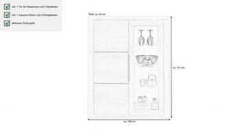 Massivart® Vitrine Greta / Vitrinenschrank / Eiche teilmassiv geölt / Tür mit Glaseinsatz und 3 Glas Einlegeböden