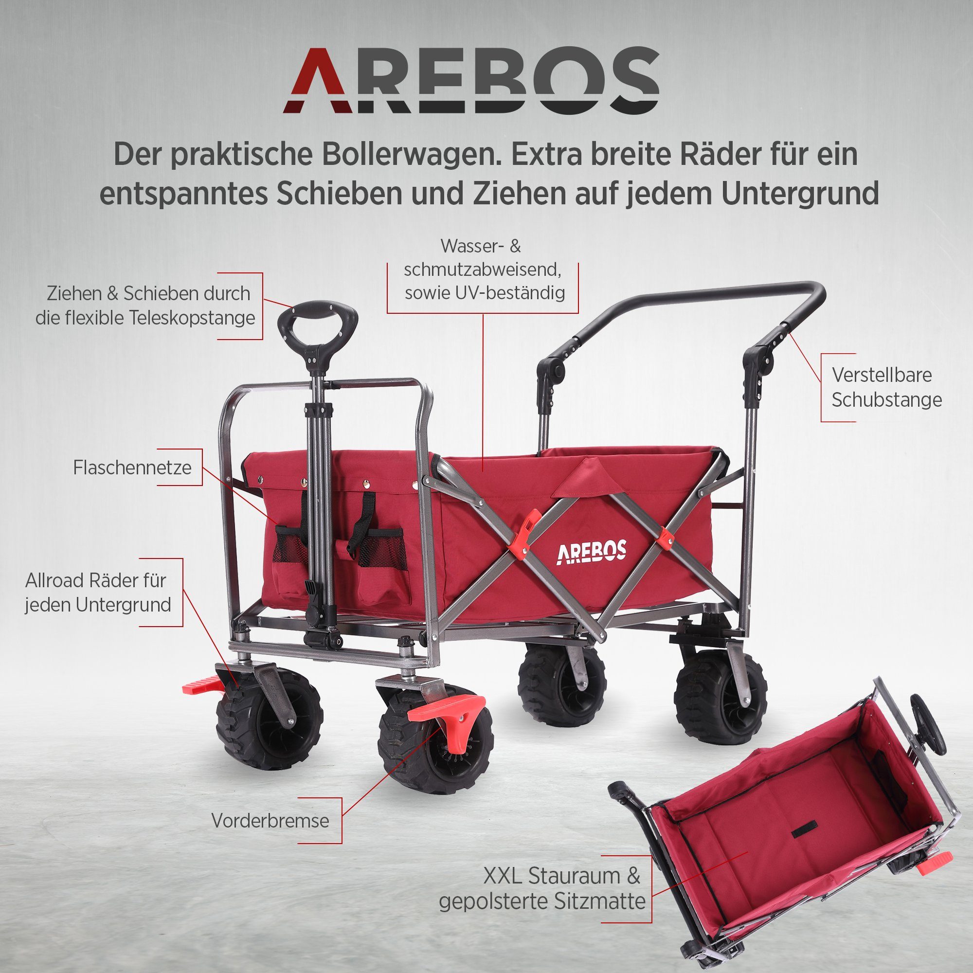 Arebos Bollerwagen Faltbarer Handwagen mit Dach – Transportkarre für Garten & Freizeit, PU-Räder und verstellbaren Griff