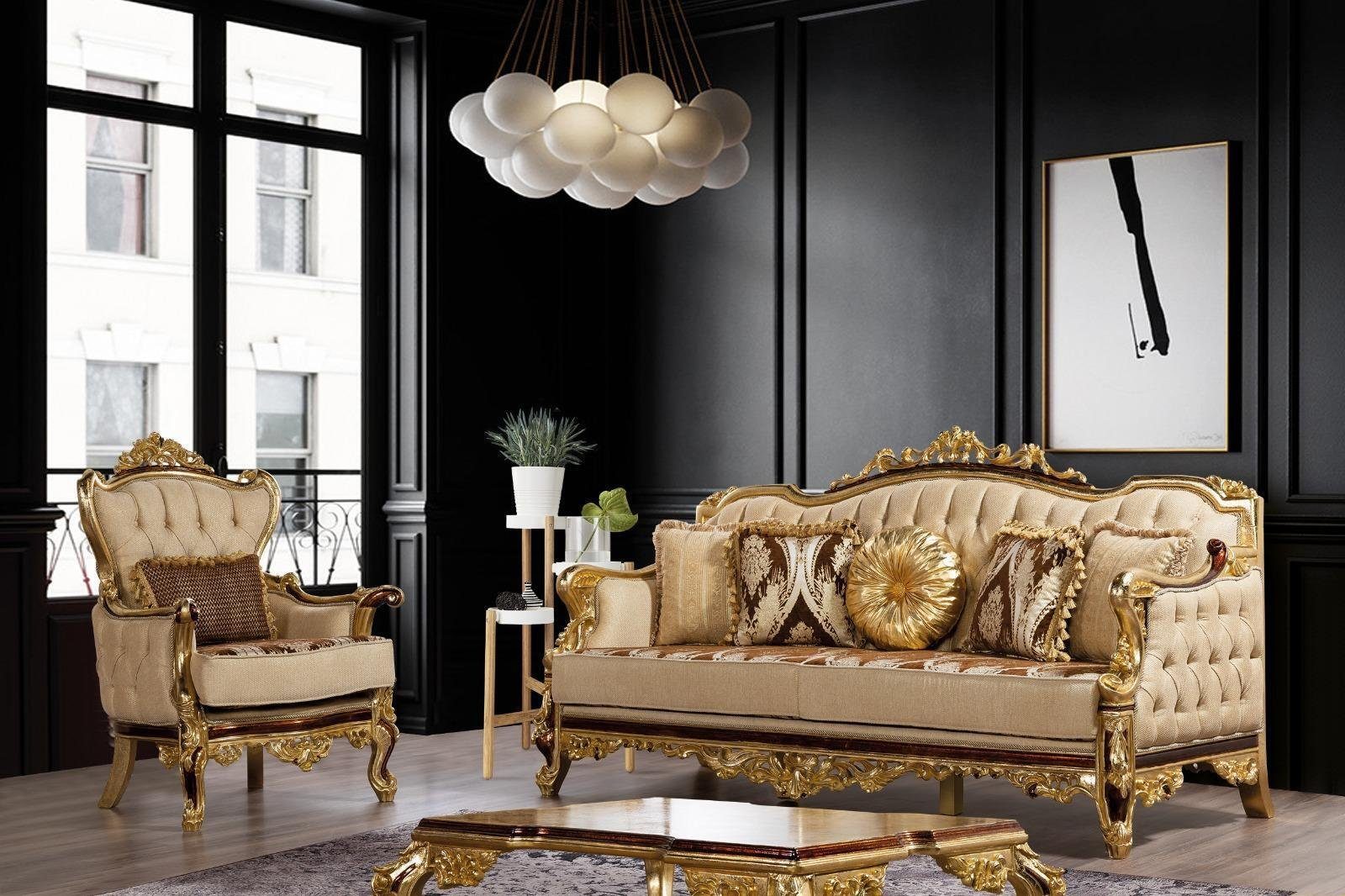 Wohnzimmer-Set Sofagarnitur Sofa Komplett (5-St) Couch 5tlg. Goldene Rokoko Neu, Set Barock JVmoebel