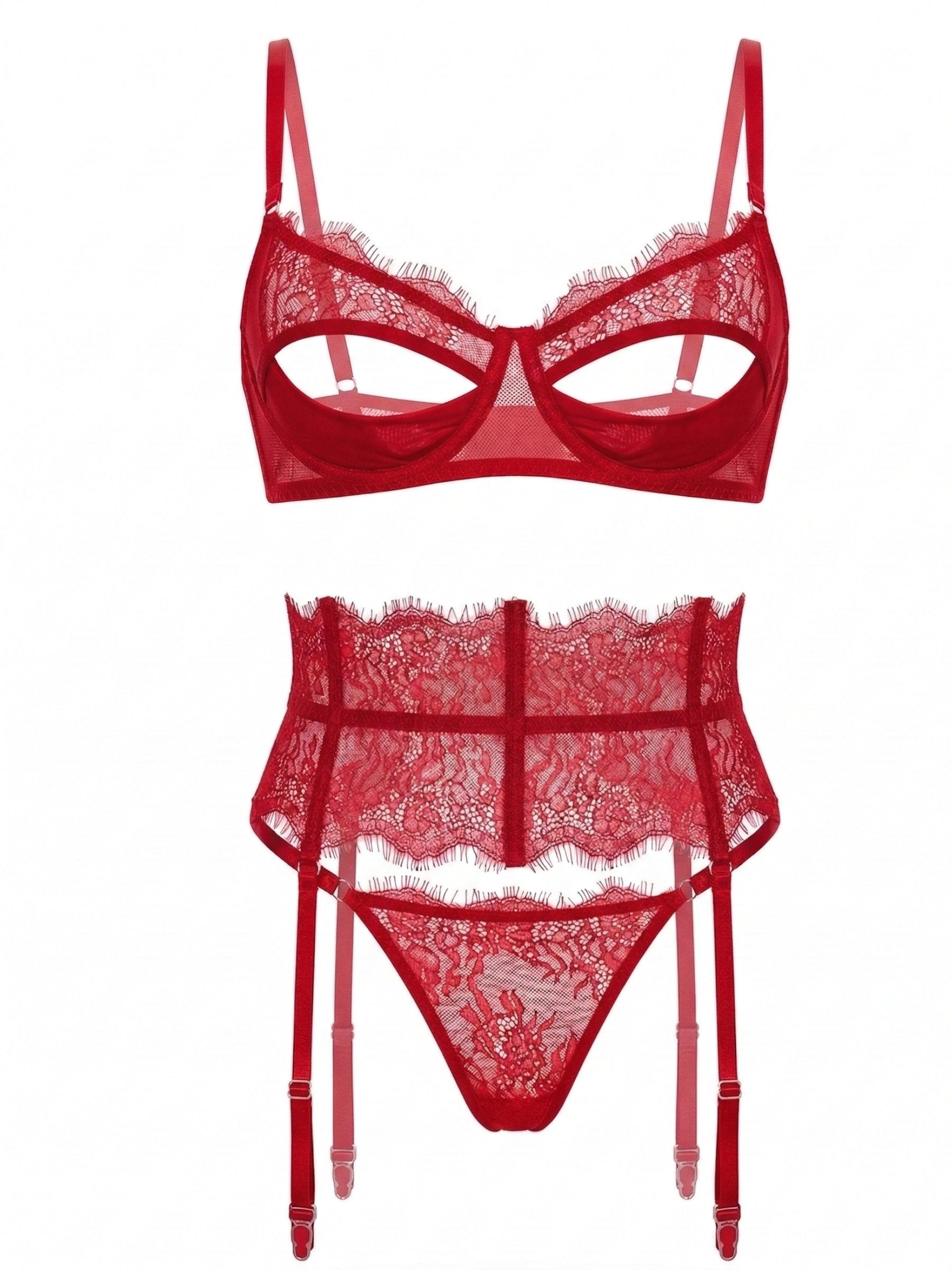 Elegant Love Set: Corsage Sexy Spitzen-Dessous-Set für Damen - Lingerie mit Strapsen (Set, 3-tlg., Bügel-BH + Korsagen-/Bustier-Optik mit Strumpfhaltern + String) Sinnliches Unterwäsche-Set für besondere Anlässe – Reizwäsche